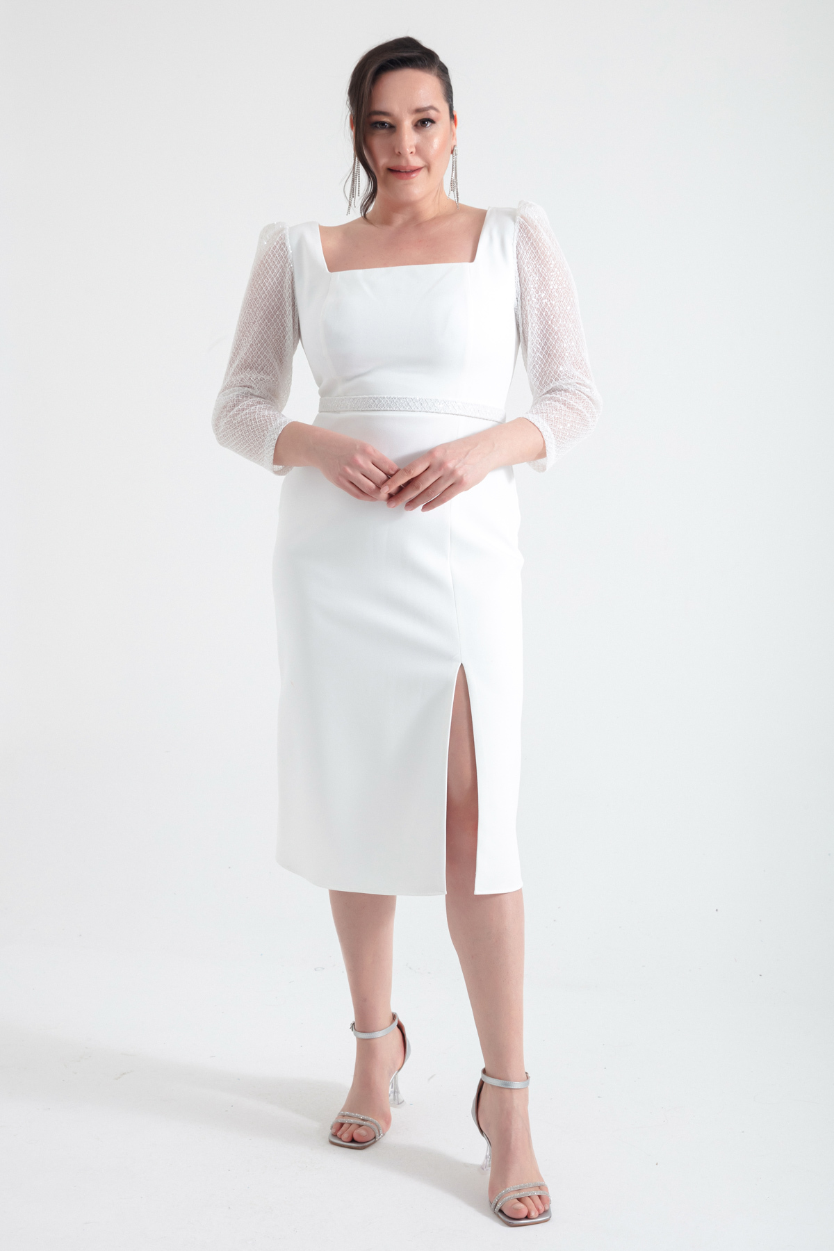 Levně Lafaba Women's White Square Neck Belted Midi Plus Size Evening Dress