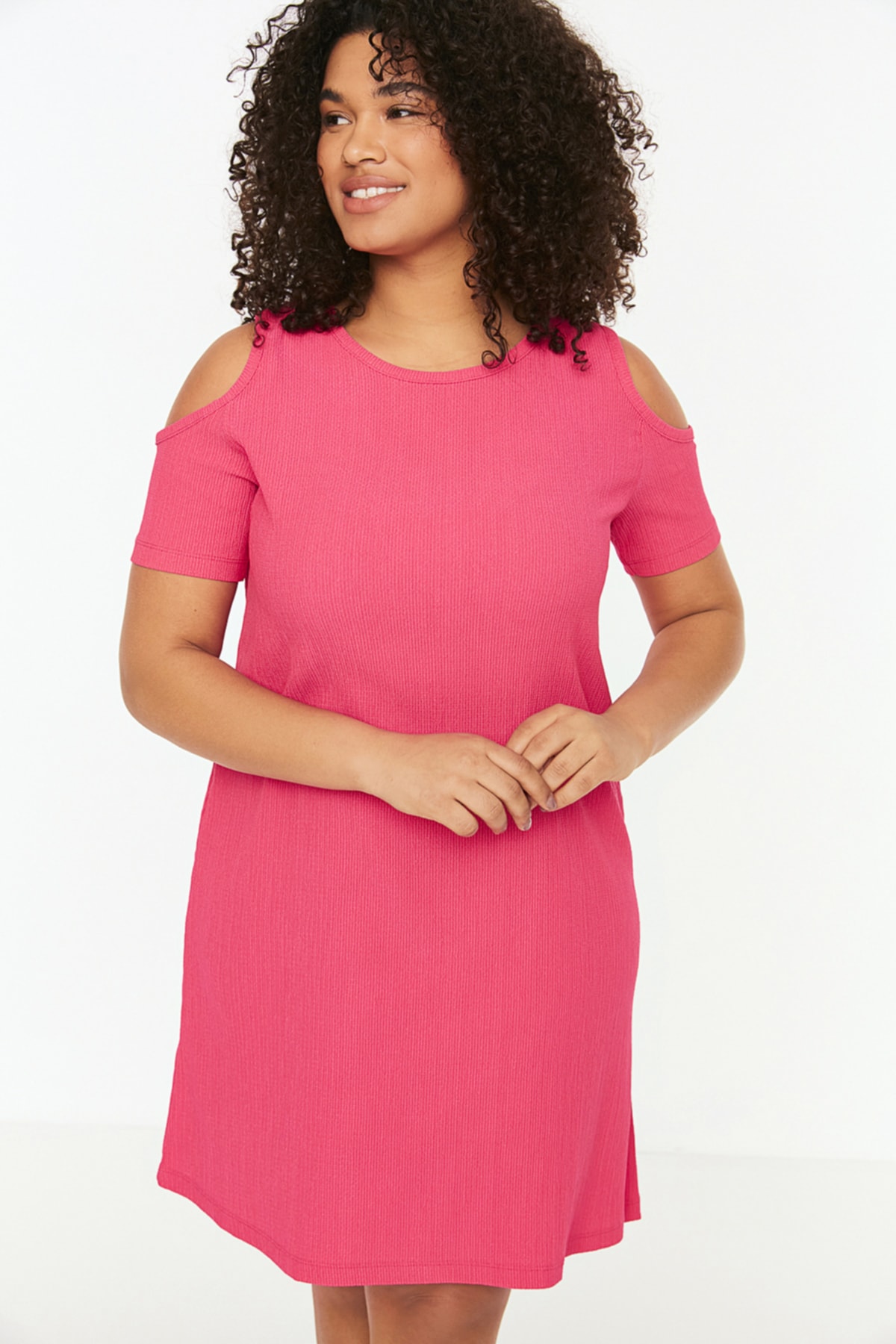 Rochie tricotată Trendyol Fuchsia A-line / Croială detaliată