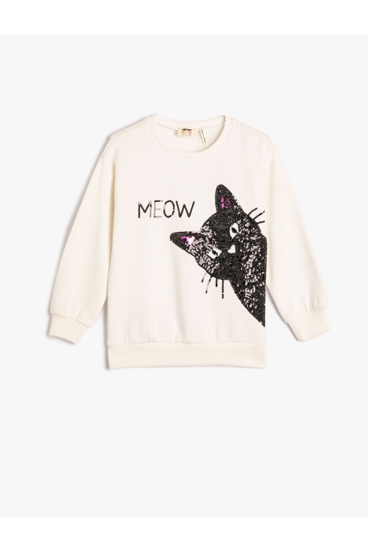 Koton Sweatshirt Cat Stamp-Sequin Embroidered Rose Gold Crew Neck