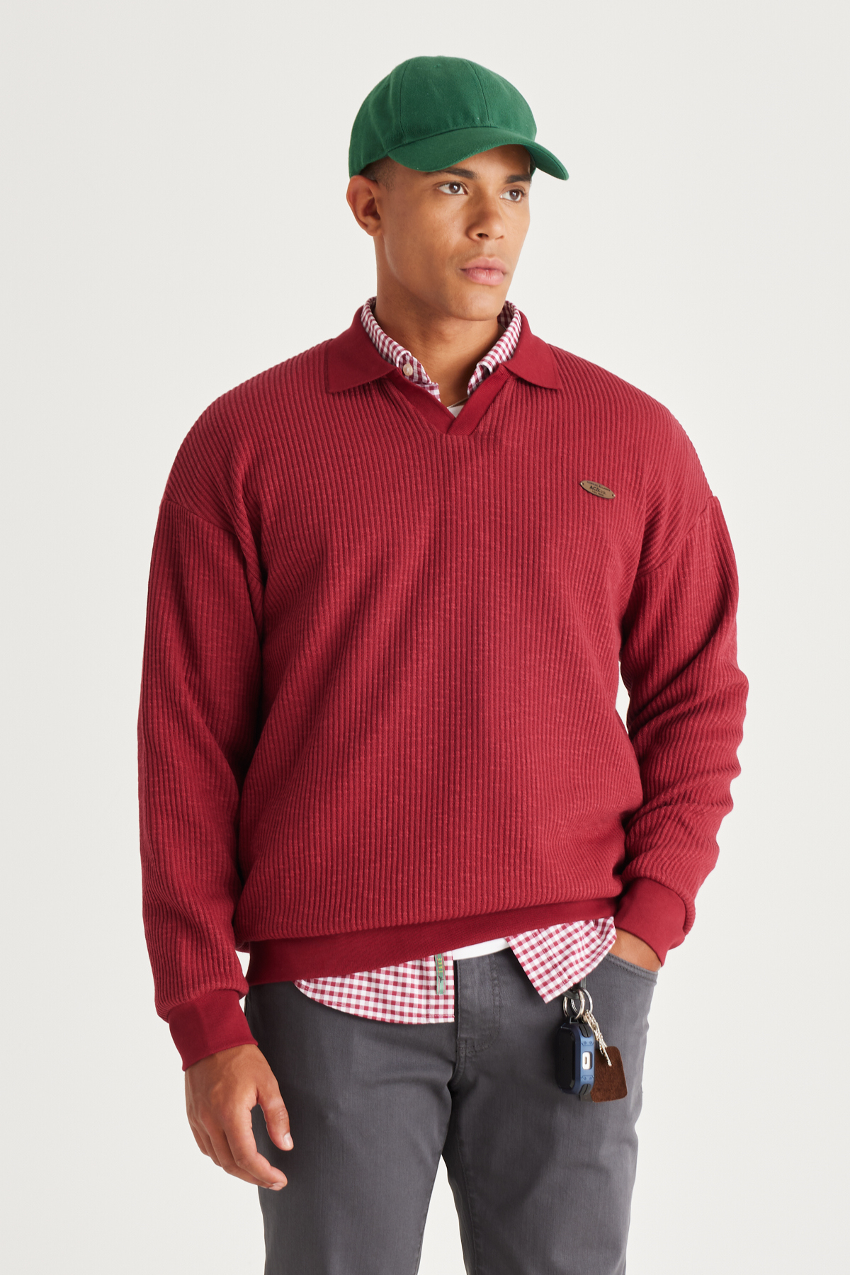 AC&Co / Altınyıldız Classics Men's Burgundy Loose Fit 3 Thread Polo Neck Jacquard Sweatshirt