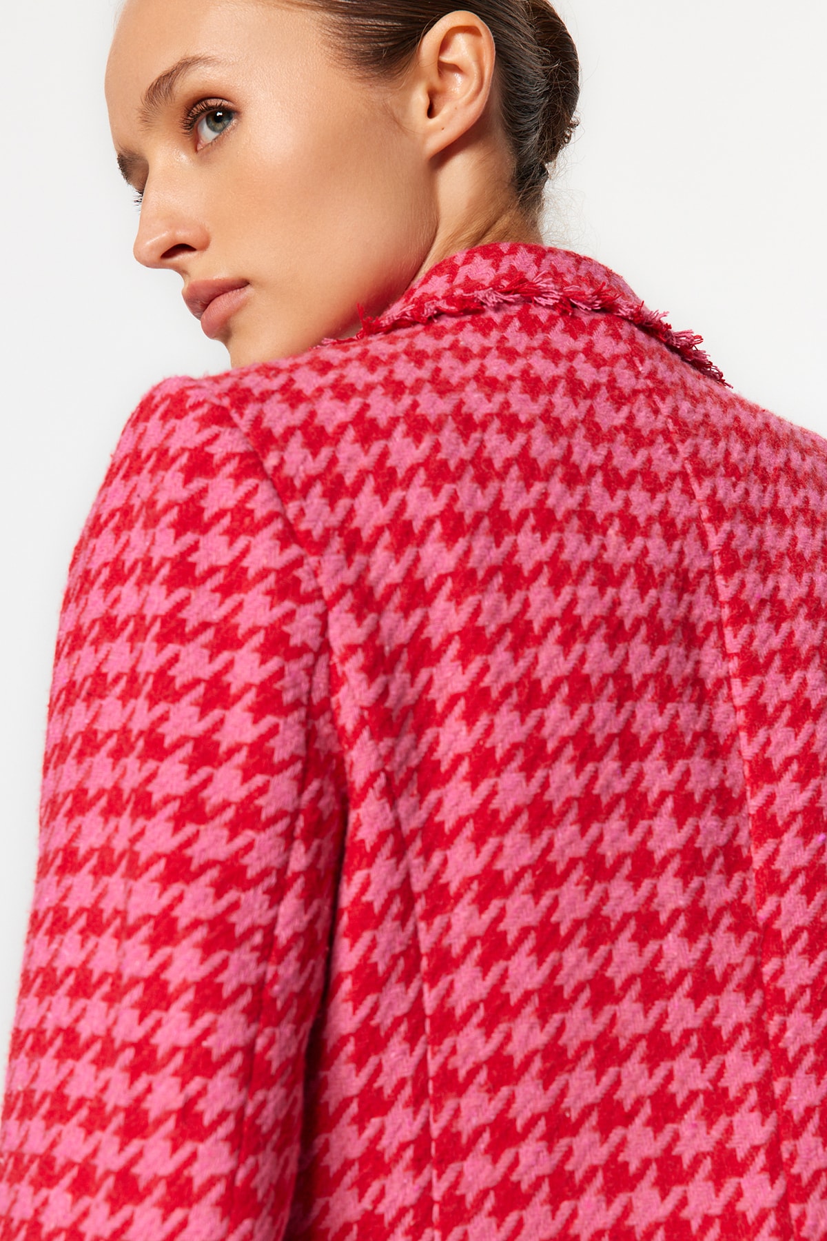 Trendyol Fuchsia Tweed Regular Lined Double Breasted Closure Woven Houndstooth Blazer Jacket