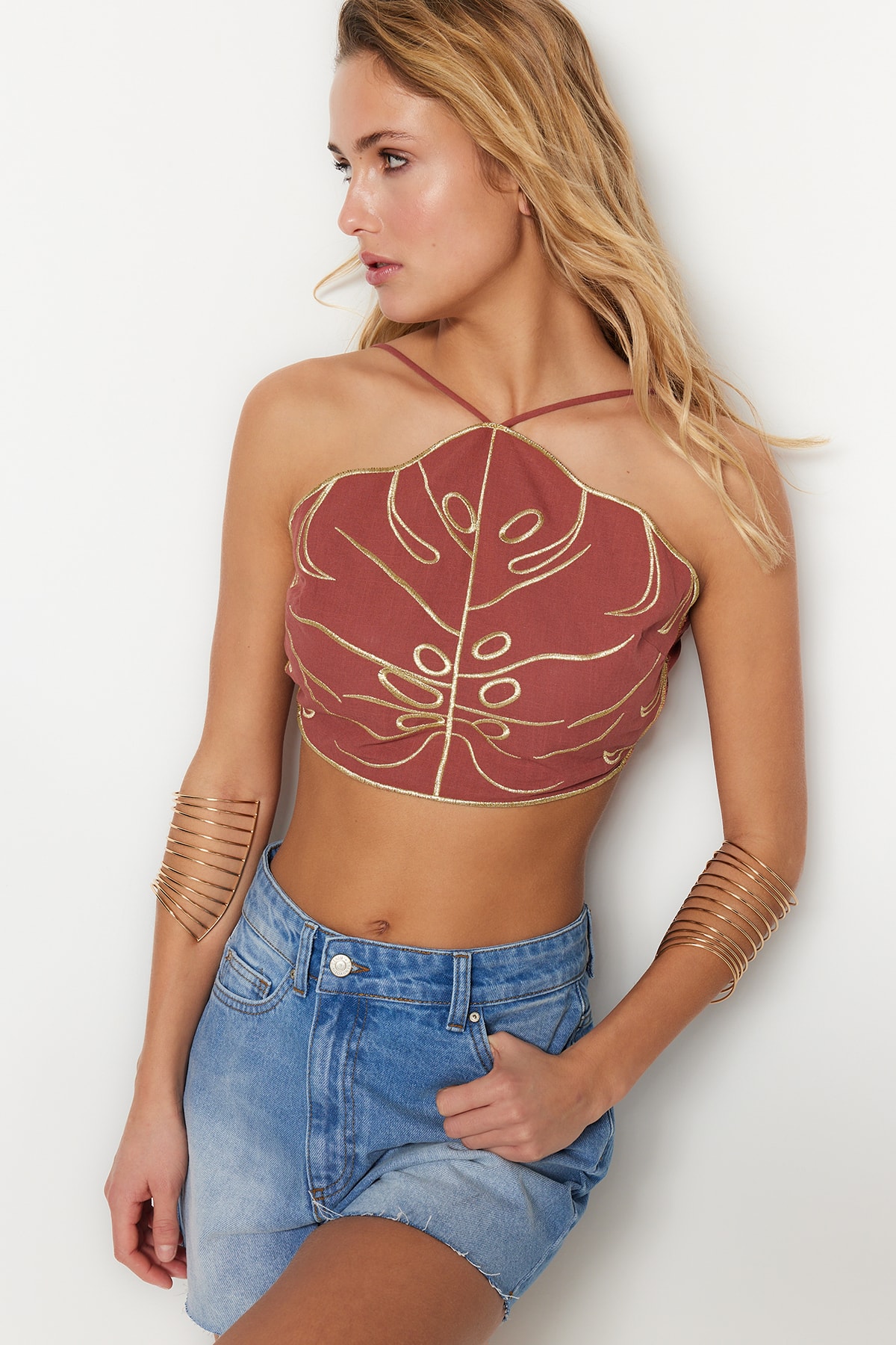 Trendyol Brown Crop Woven Embroidery 100% Cotton Blouse
