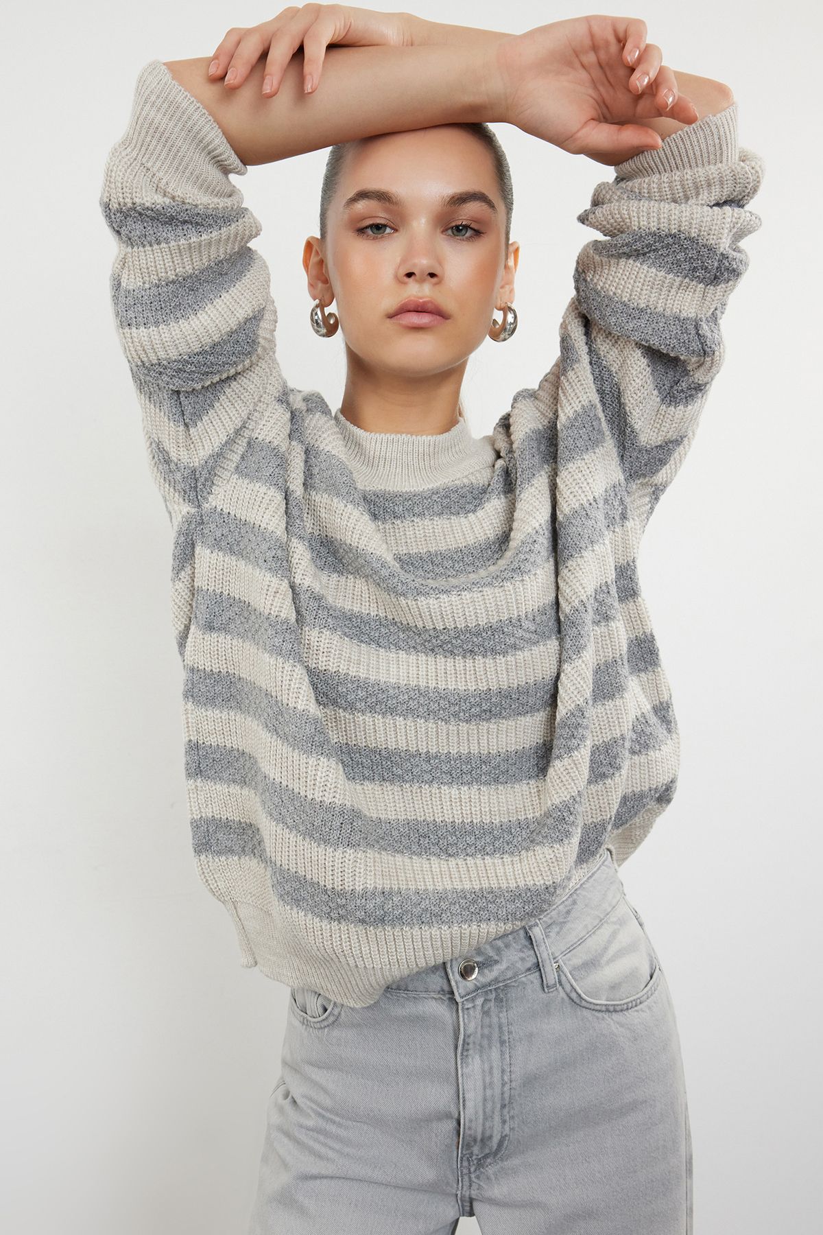 Trendyol Beige Wide Fit/Oversized Striped Knitwear Sweater