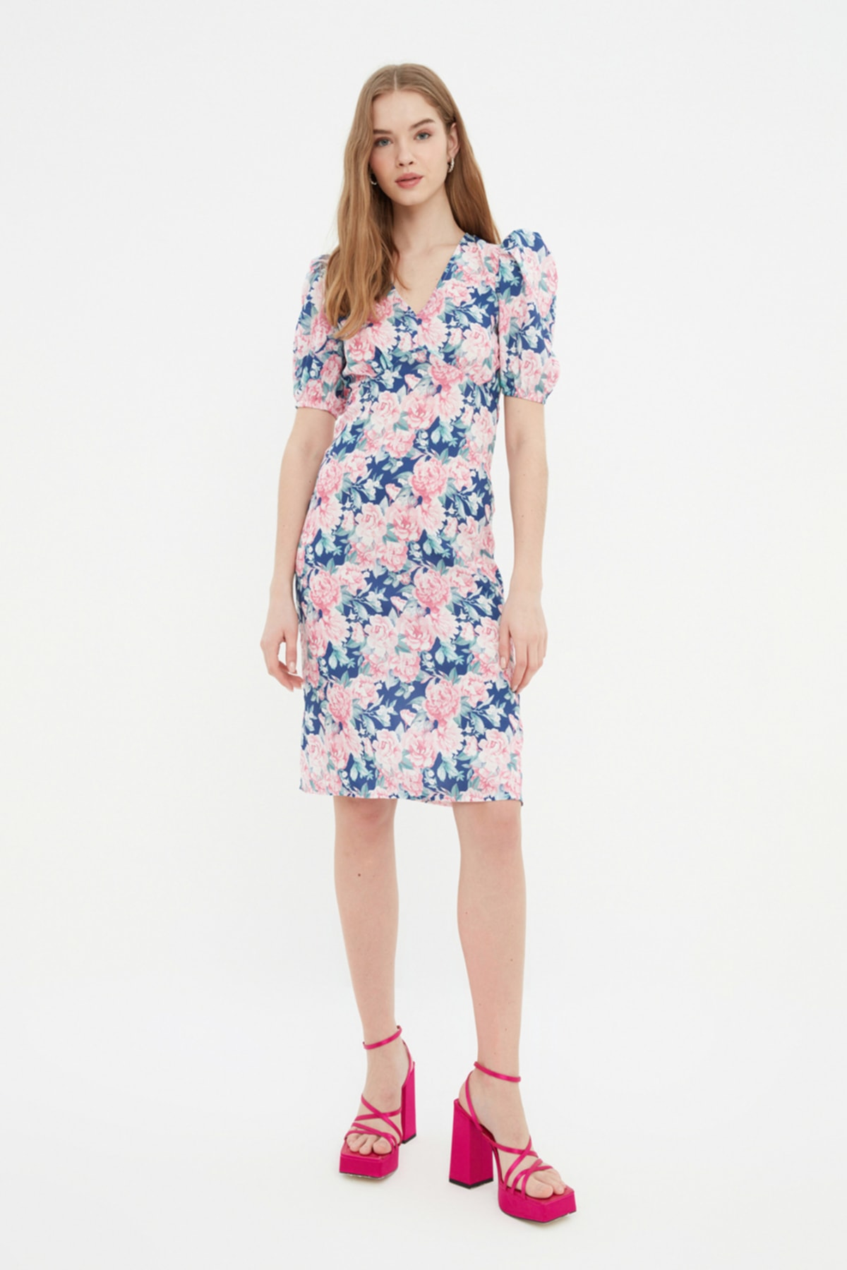Trendyol Navy Blue V-Neck Patterned Dress