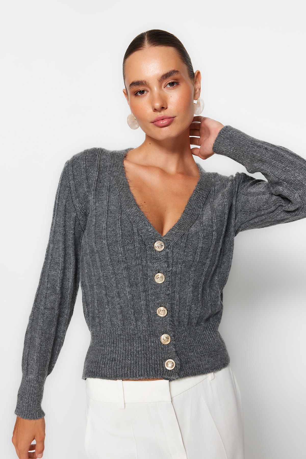 Trendyol Gray Soft Textured Knitwear Cardigan