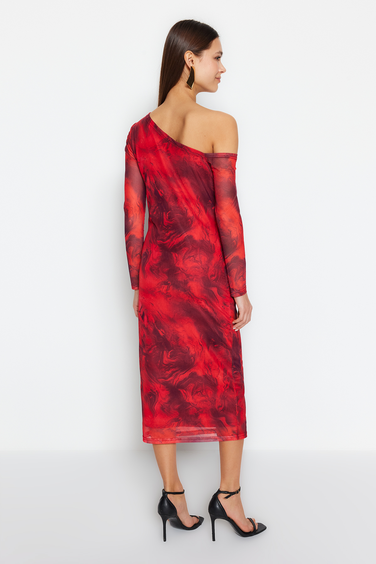 Trendyol Red Patterned Lined Fitted Asymmetrical Collar Flexible Knitted Midi Pencil Dress