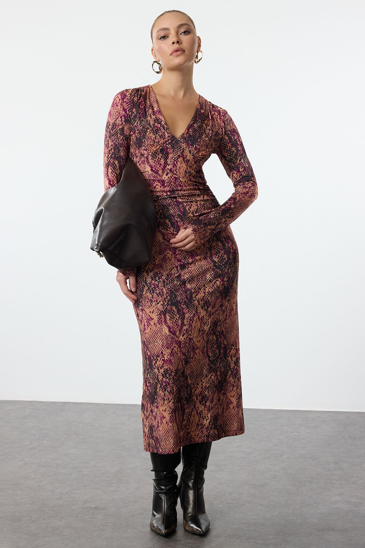 Trendyol Patterned V-Neck Ruffle/Drape Detailed Fitted Midi Knitted Dress