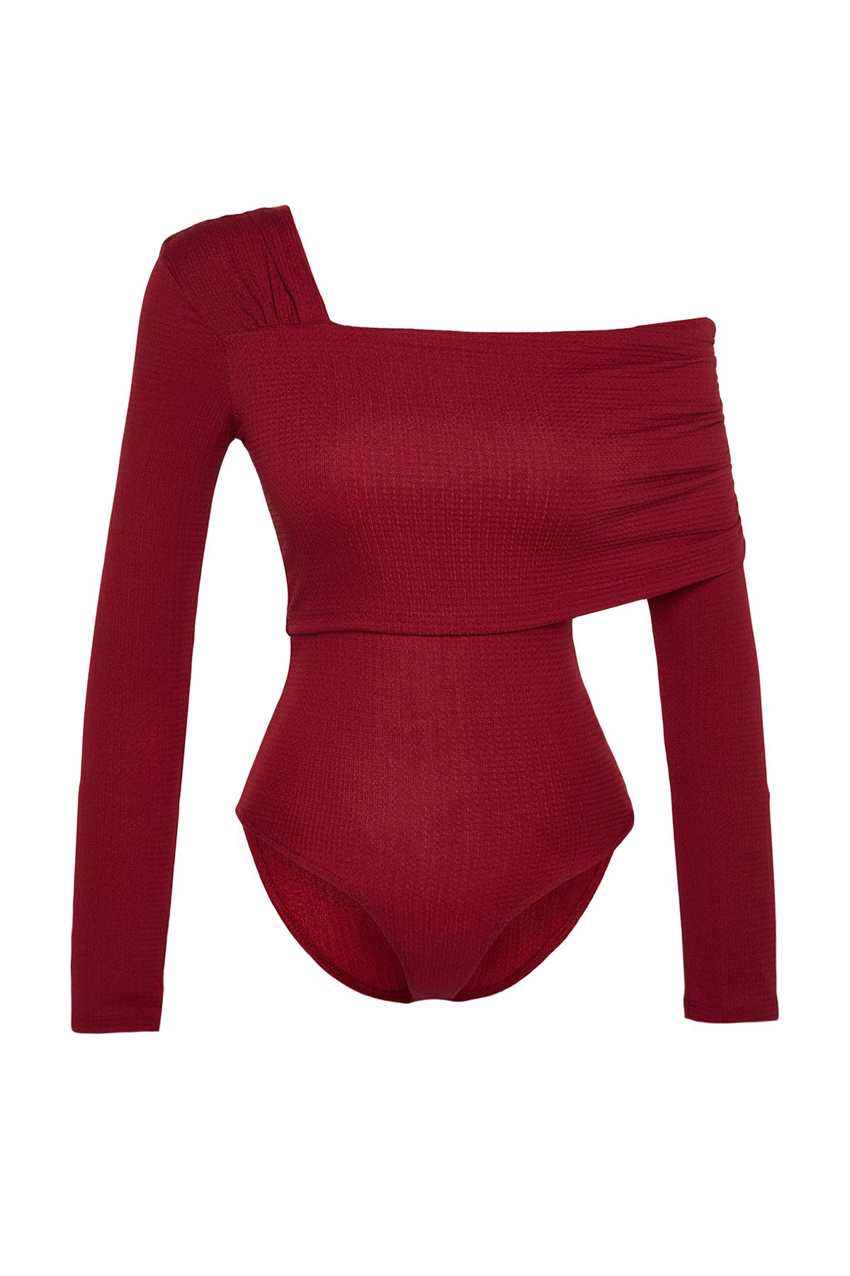 Levně Trendyol Burgundy Asymmetric Collar Detailed Draped Fitted/Situated Crepe/Textured Knitted Bodysuit