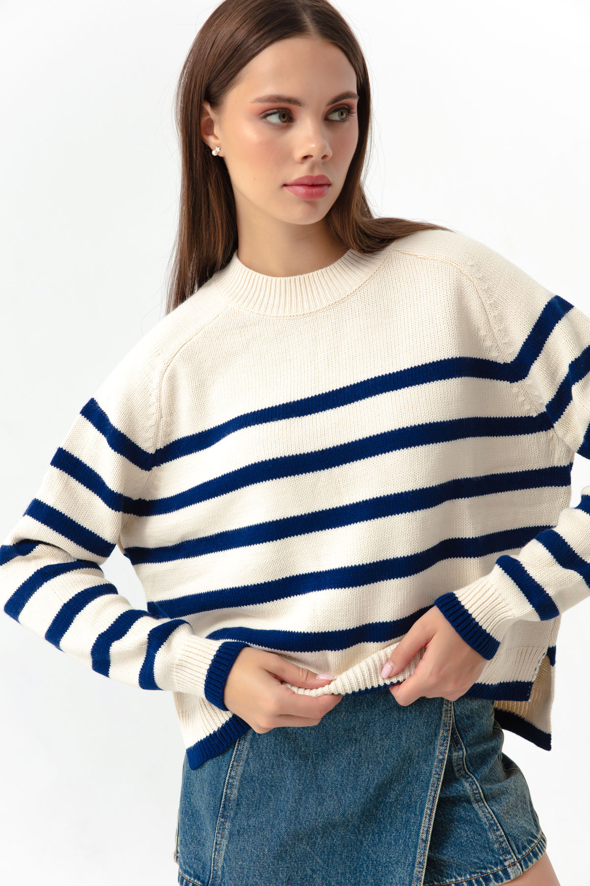 Levně Lafaba Women's Navy Blue Oversize Striped Knitwear Sweater