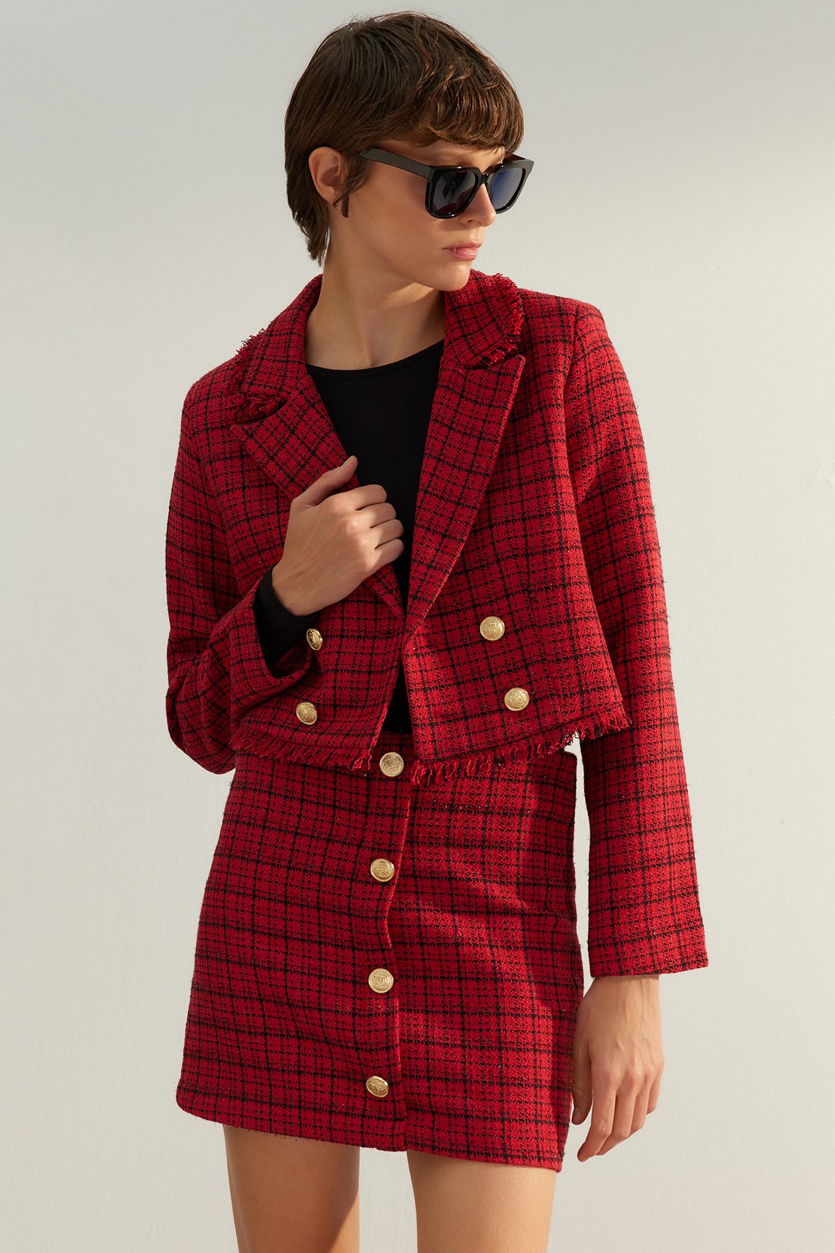 Levně Trendyol Red Premium Regular Woven Plaid Blazer Jacket