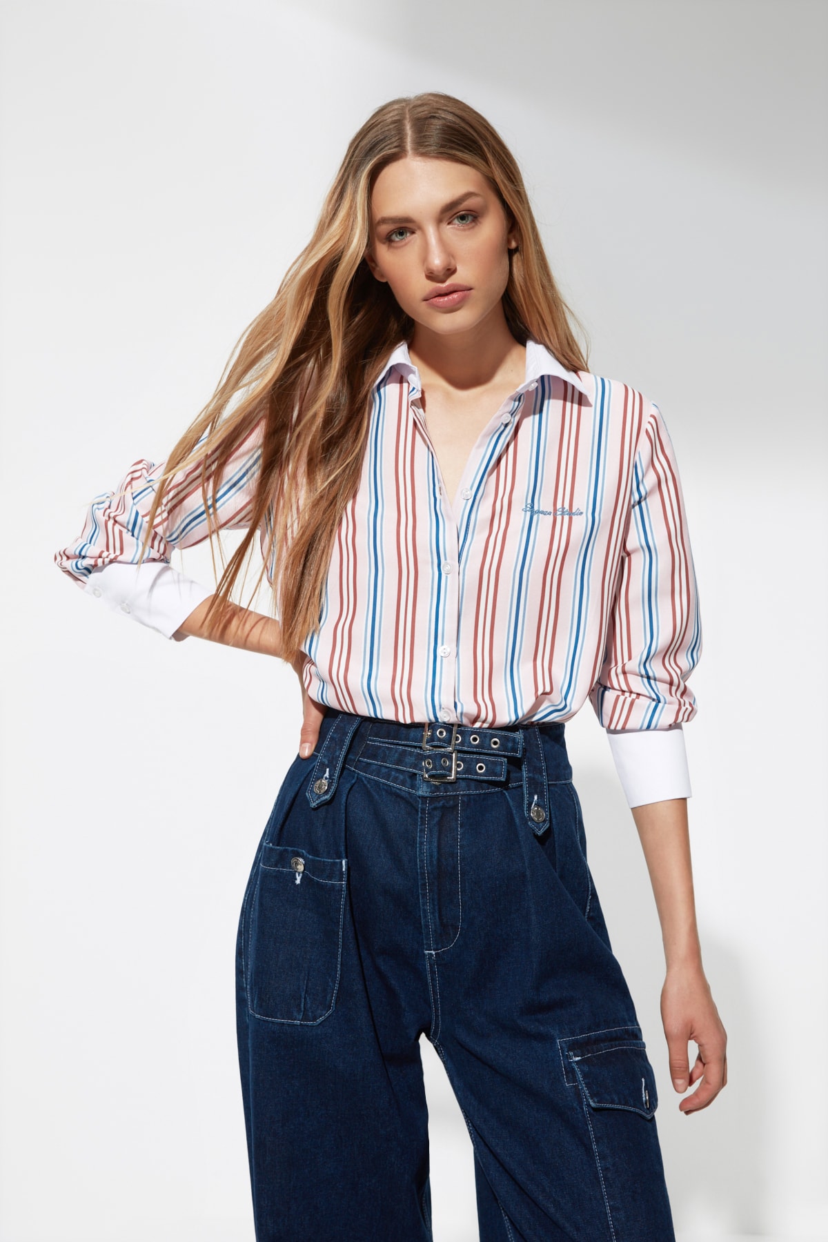Levně Trendyol X Sagaza Studio Multicolored Shirt with Stripes and Embroidery