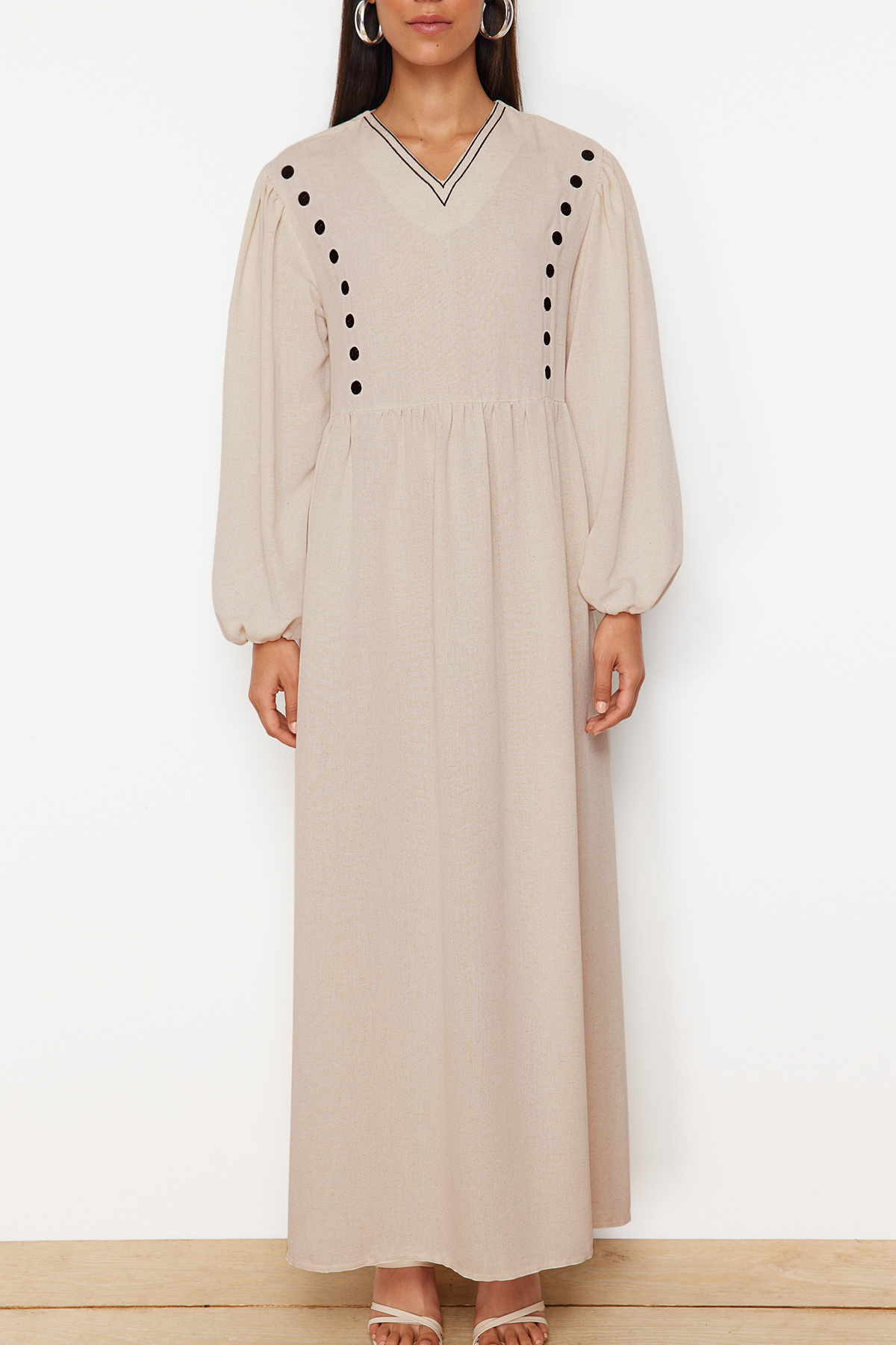 Trendyol Beige V-Neck Detailed Woven Linen Look Dress
