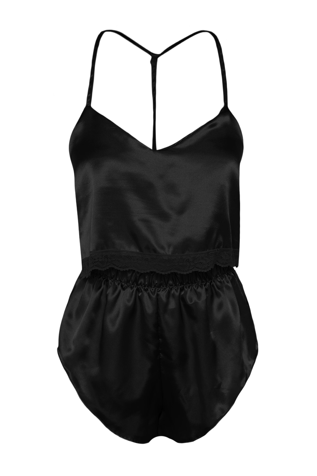 Trendyol Black Lace Rope Strap Crop Satin Shorts Woven Pajama Set