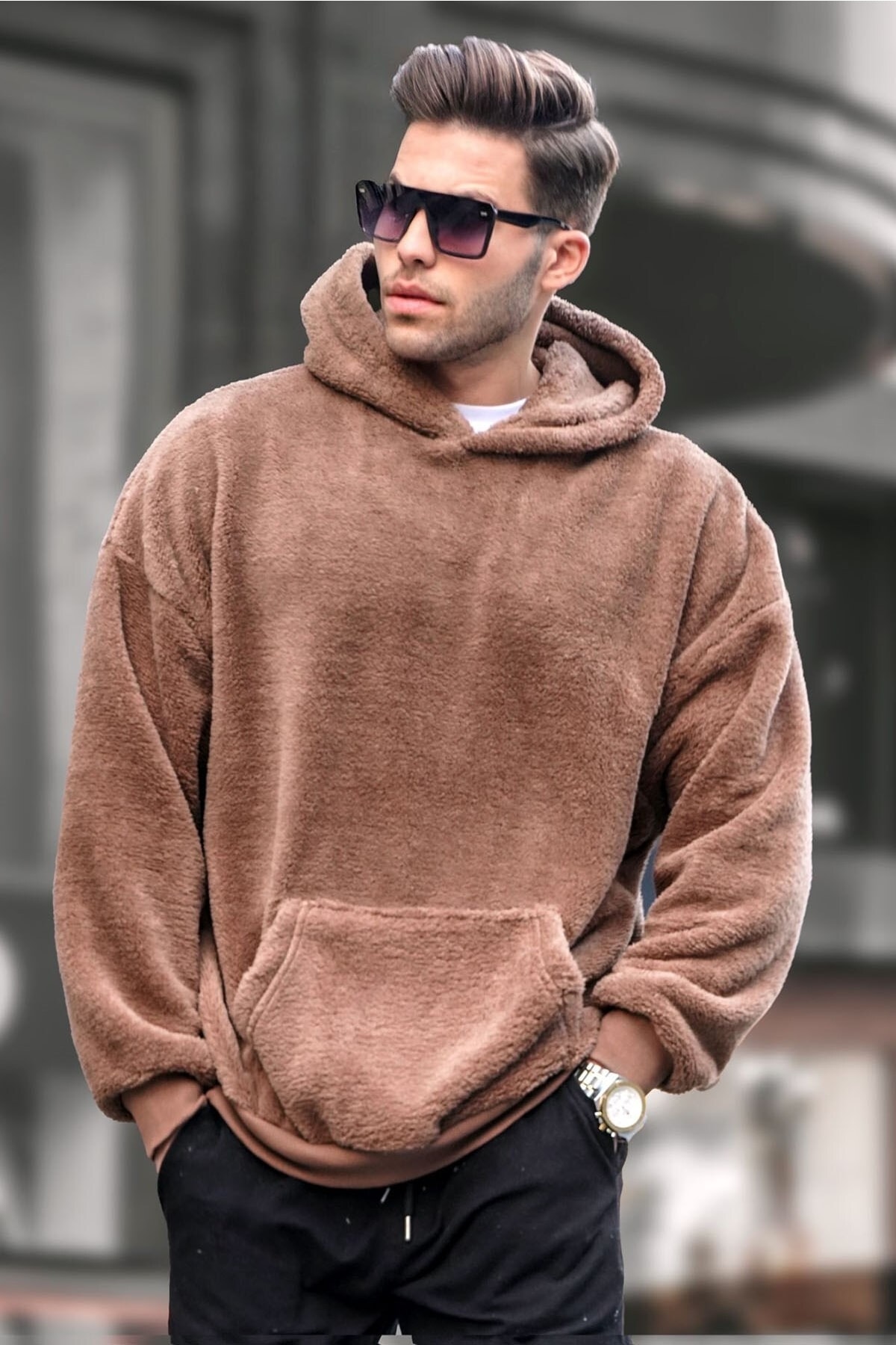 Madmext Brown Plush Hooded Men's Sweatshirt 6050