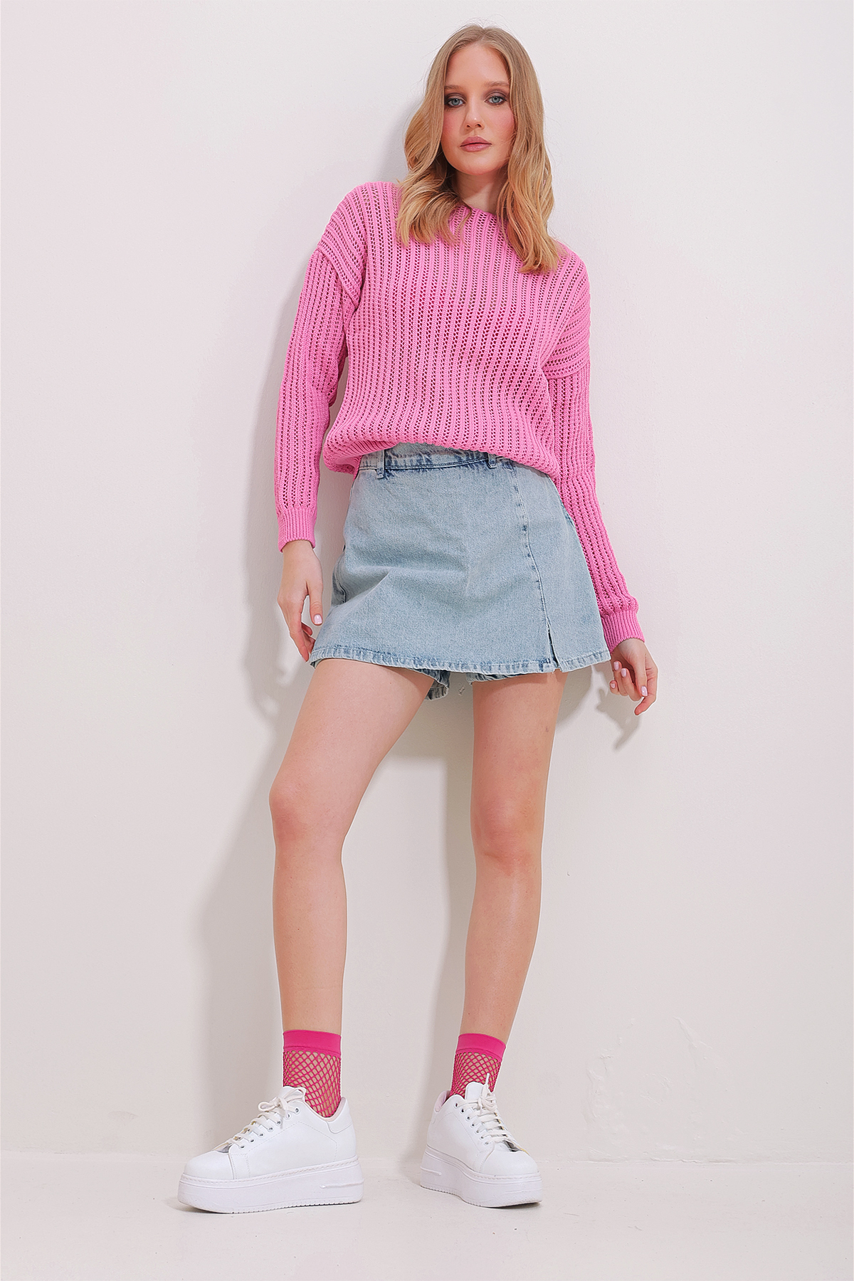 Trend Alaçatı Stili Women's Pink Boat Neck Openwork Knitwear Blouse