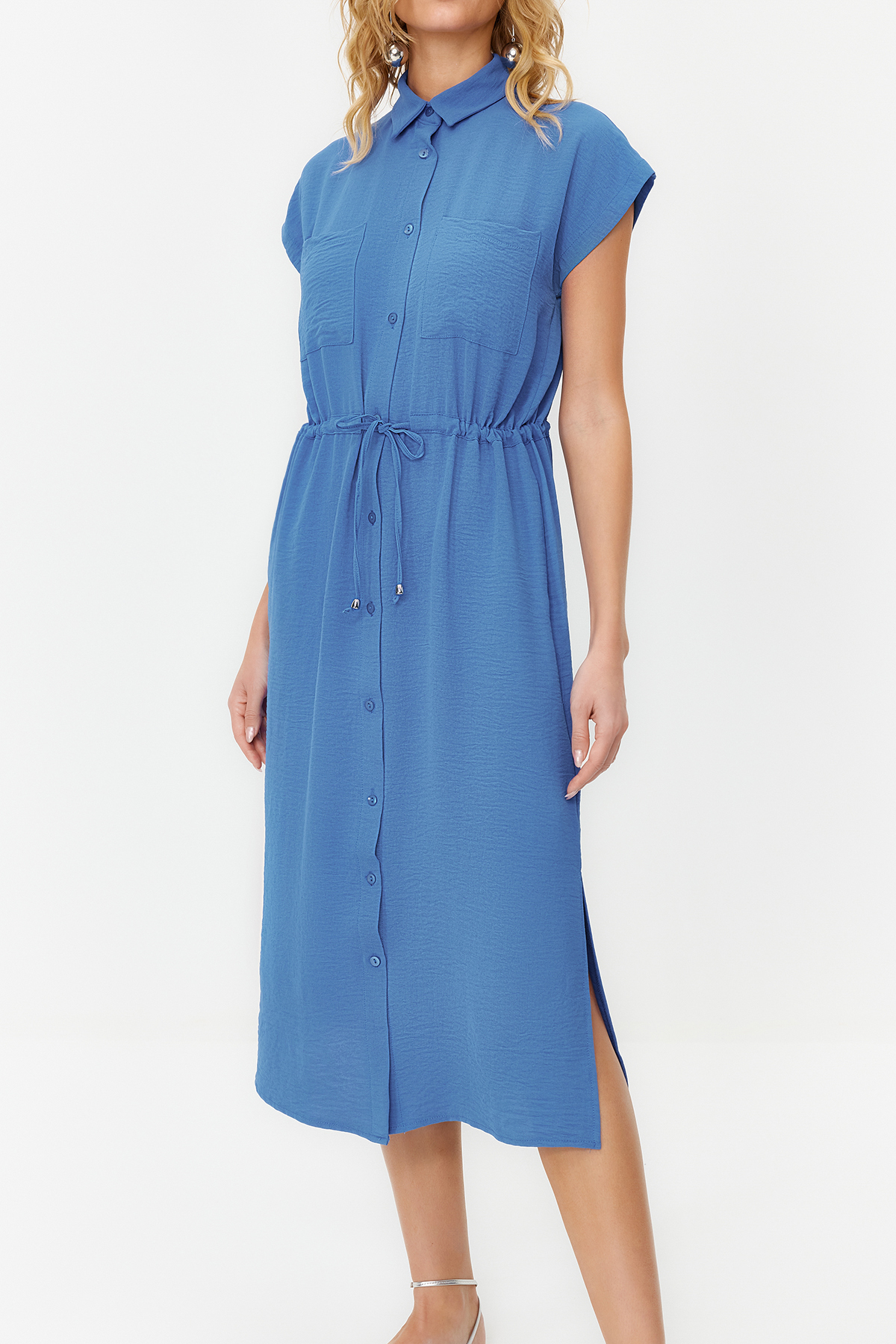 Trendyol Dark Blue Gathered Waist Pocket Detailed Aerobin Midi Woven Dress