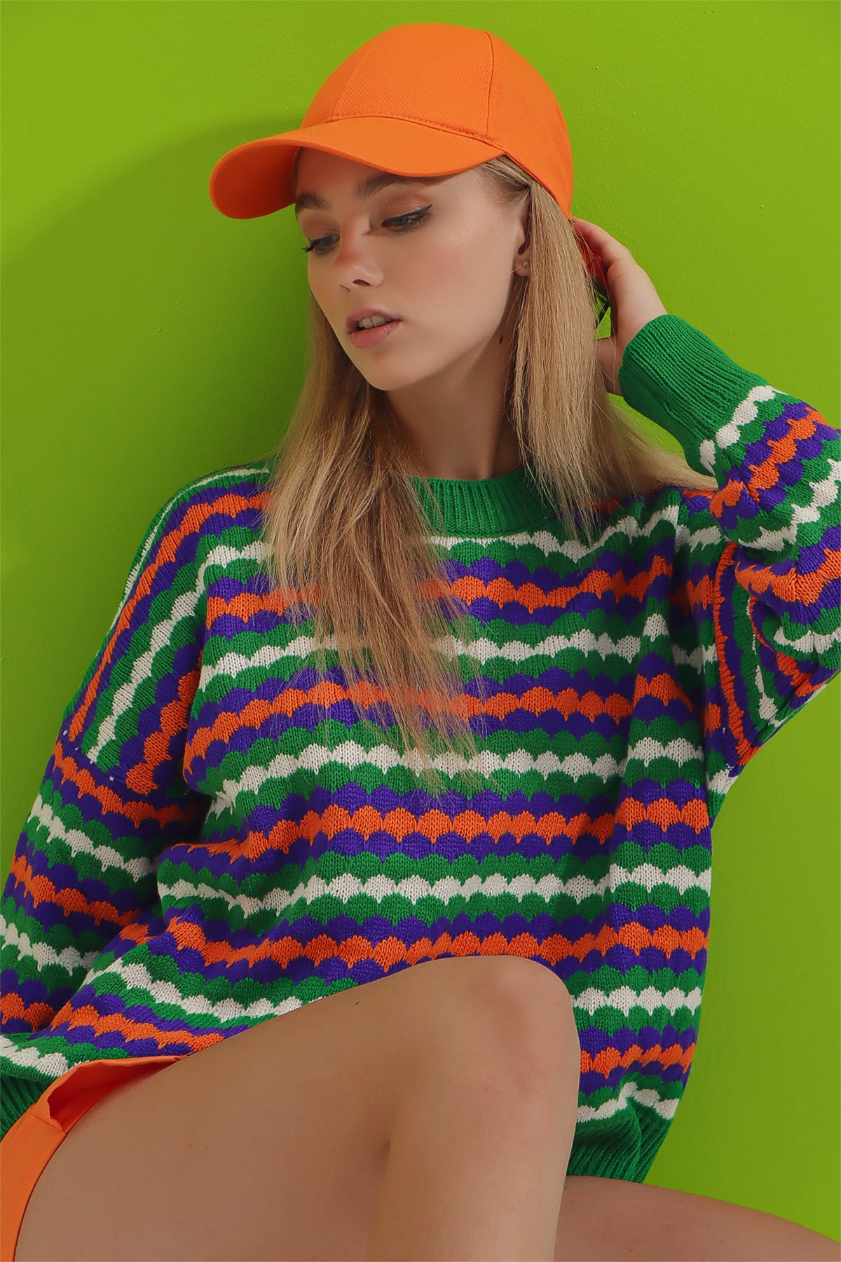 Levně Trend Alaçatı Stili Dámské zelené posádky výstřih žakárový vícebarevný pletený svetr