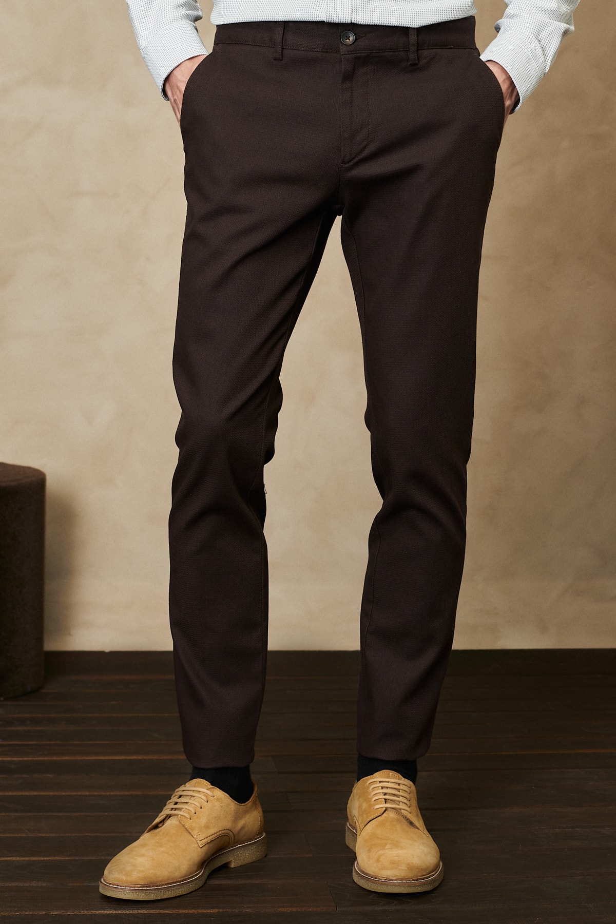 Levně ALTINYILDIZ CLASSICS Men's Brown Slim Fit Slim Fit Dobby Flexible Casual Trousers