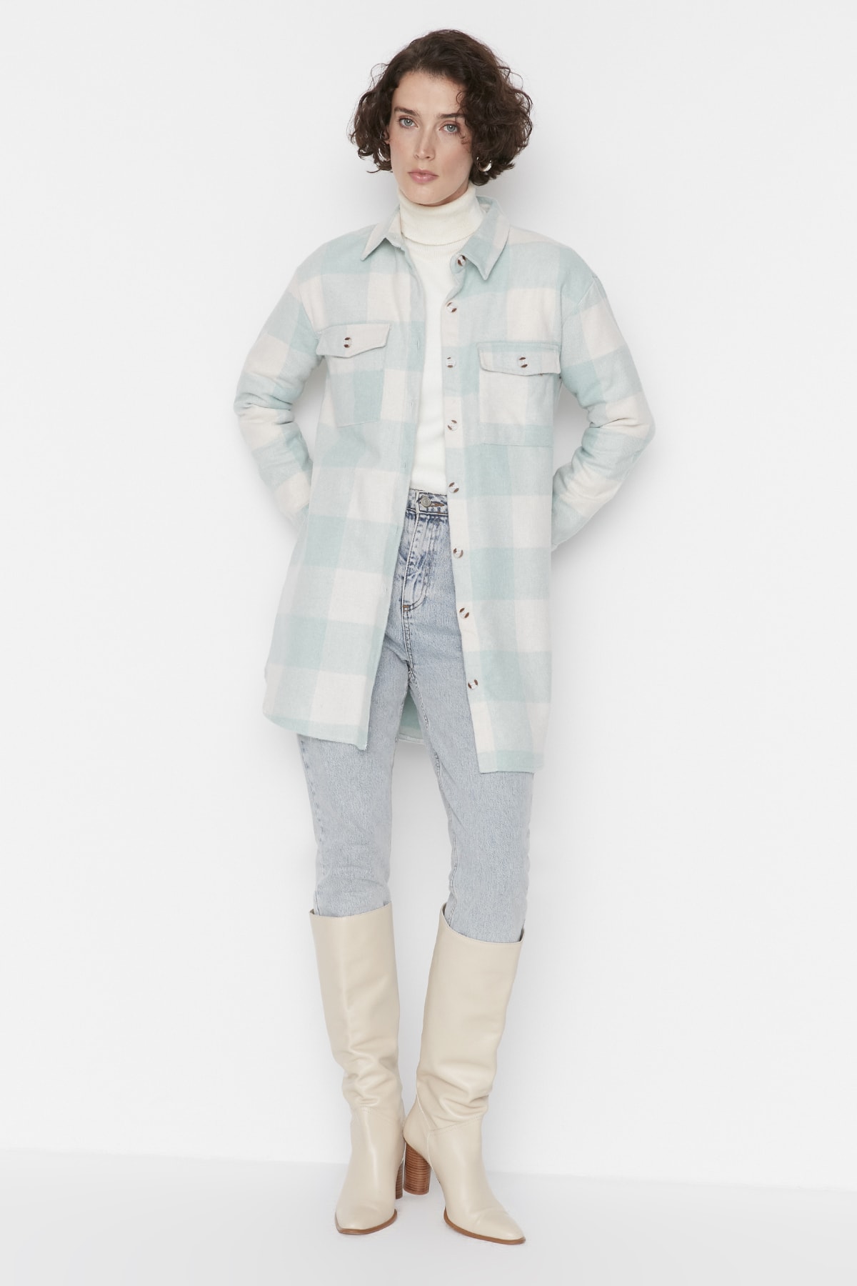 Levně Trendyol Mint Checkered Weave Lumberjack Winter Shirt