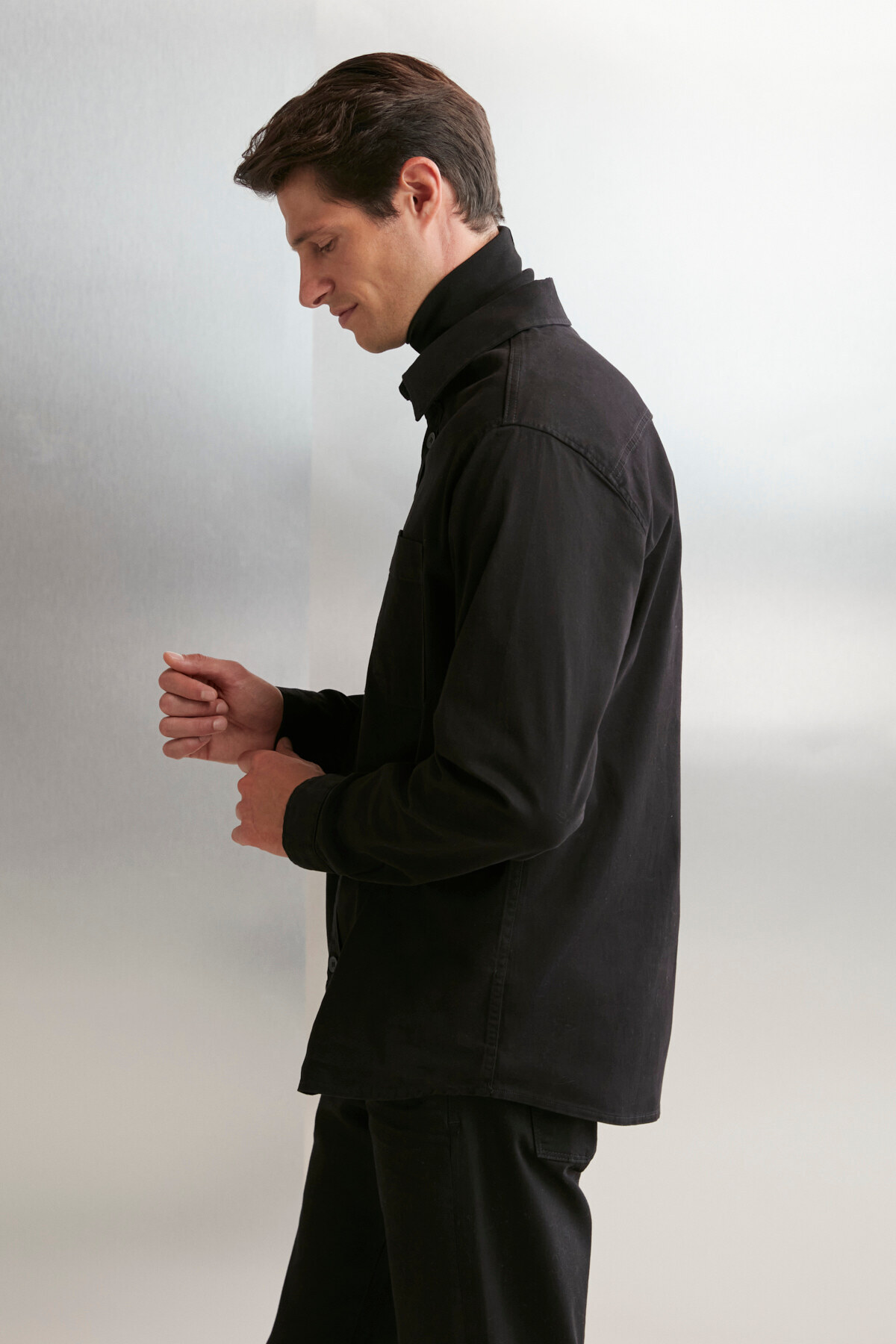 GRIMELANGE Outside Men's Woven Thick Textured Washed Black Shirt with Pocke