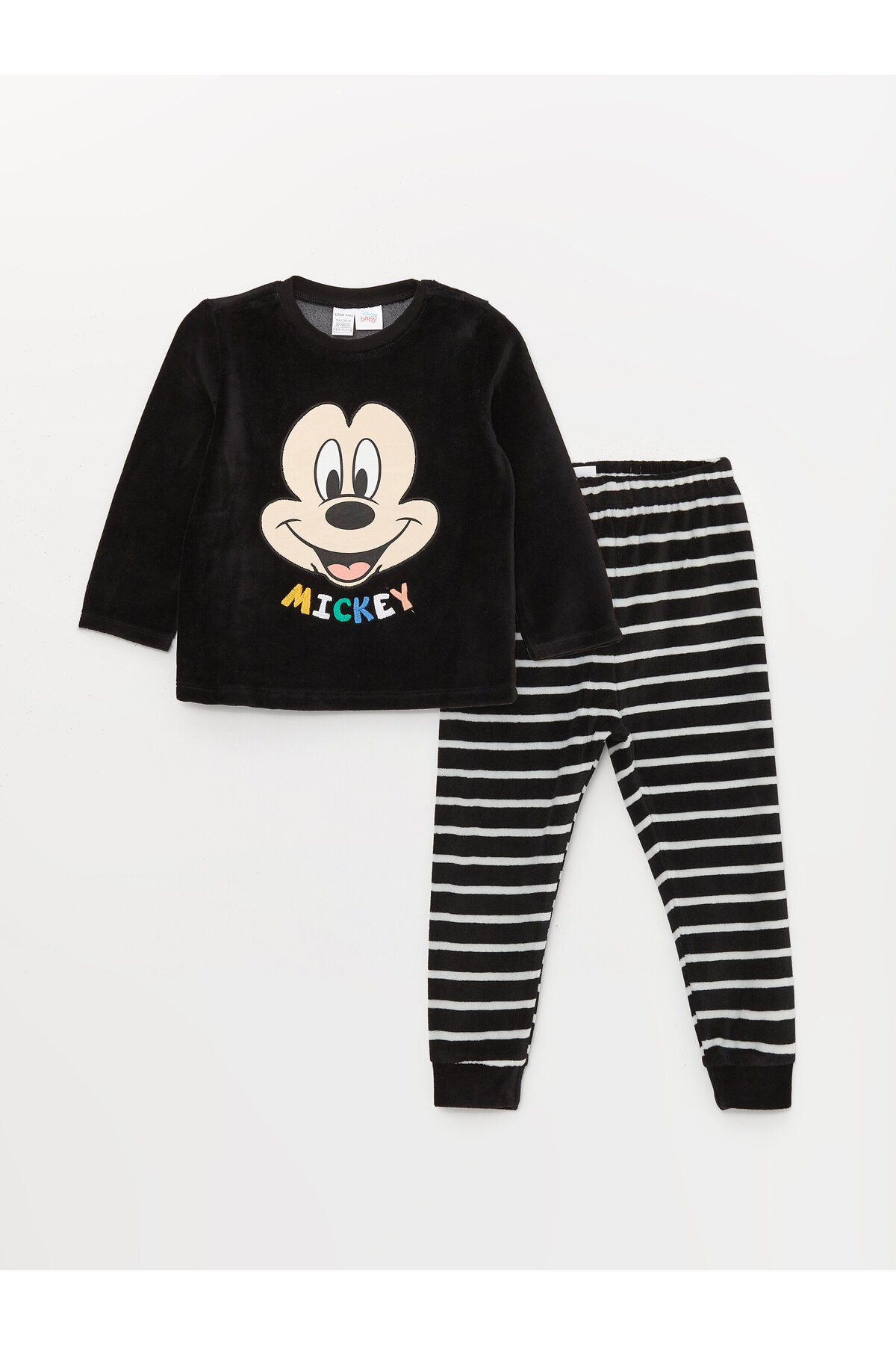 LC Waikiki Crew Neck Long Sleeve Mickey Mouse Embroidered Velvet Baby Boy Pajamas Set