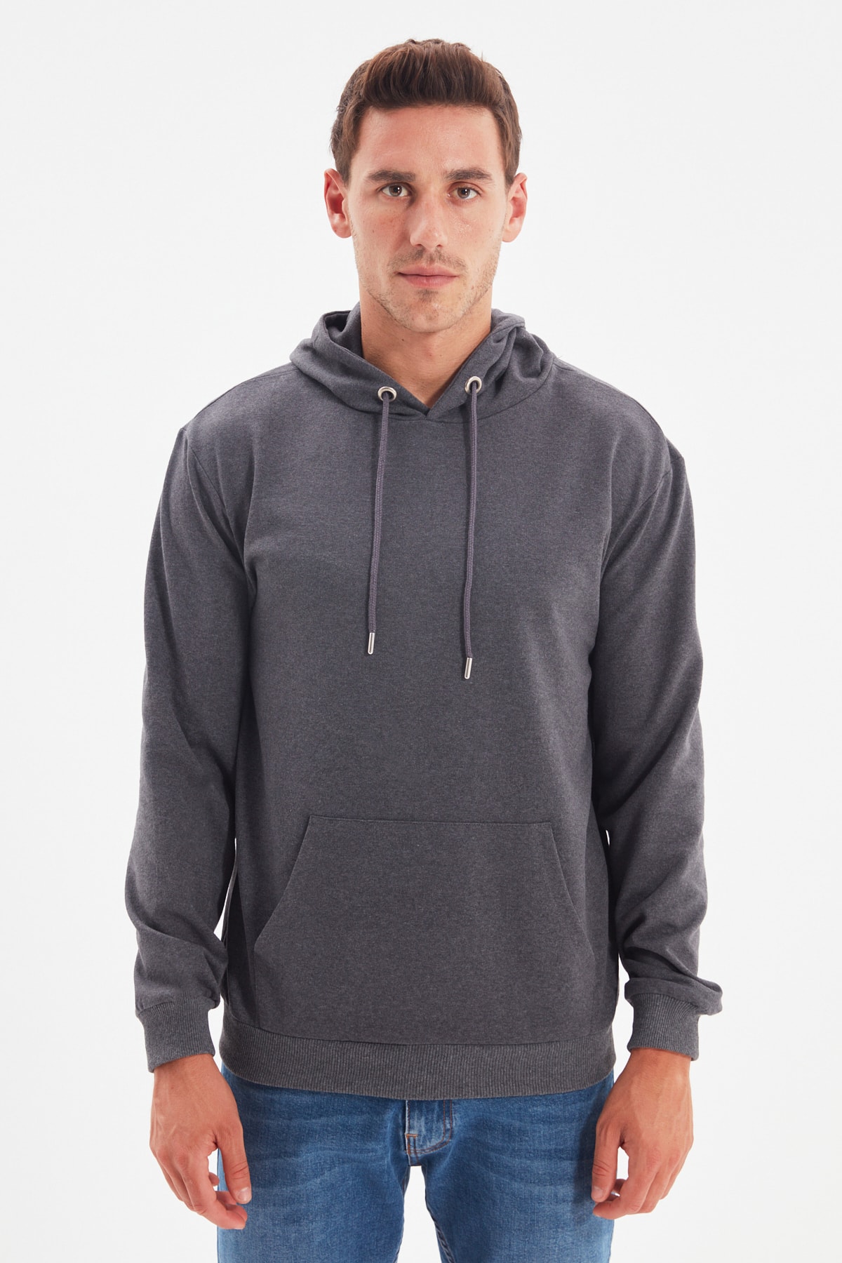 Trendyol Anthracite Men's Regular Fit Hooded Sweatshirt with Kangaroo Pocket