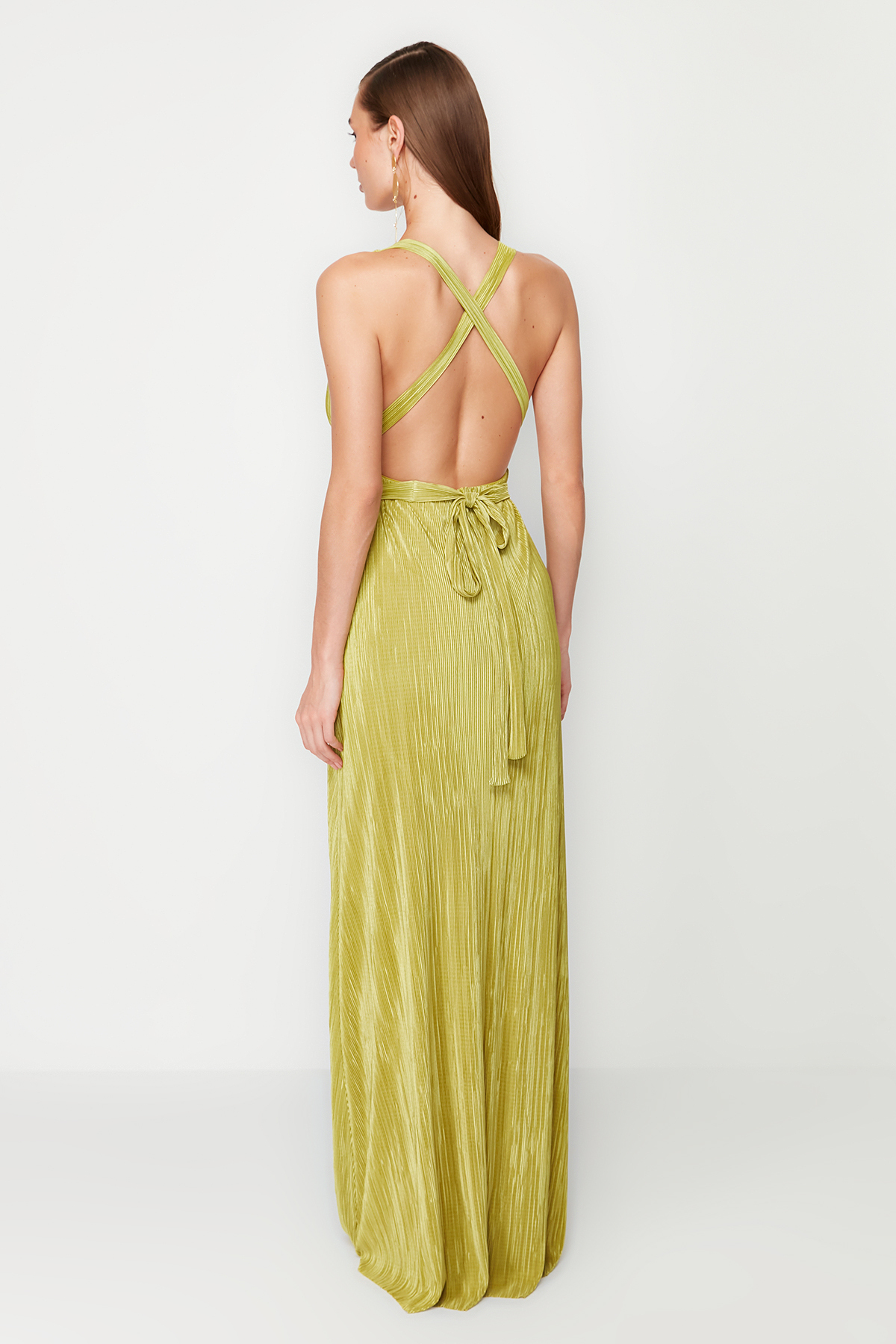 Trendyol Oil Green A-Cut Belted Lined Knitted Long Elegant Evening Dress