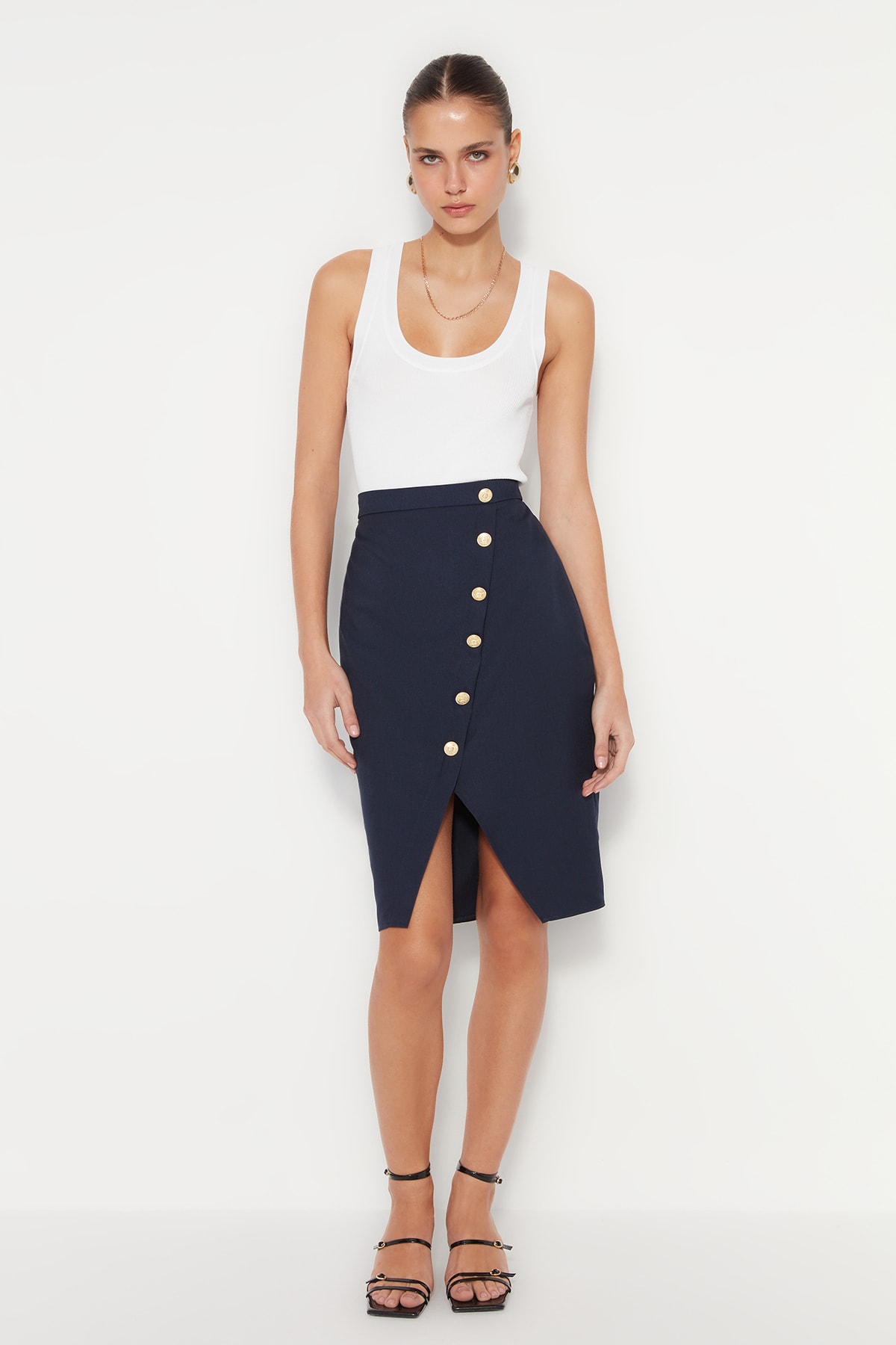 Trendyol Navy Blue Midi Woven Skirt With A Slit And Button Detail