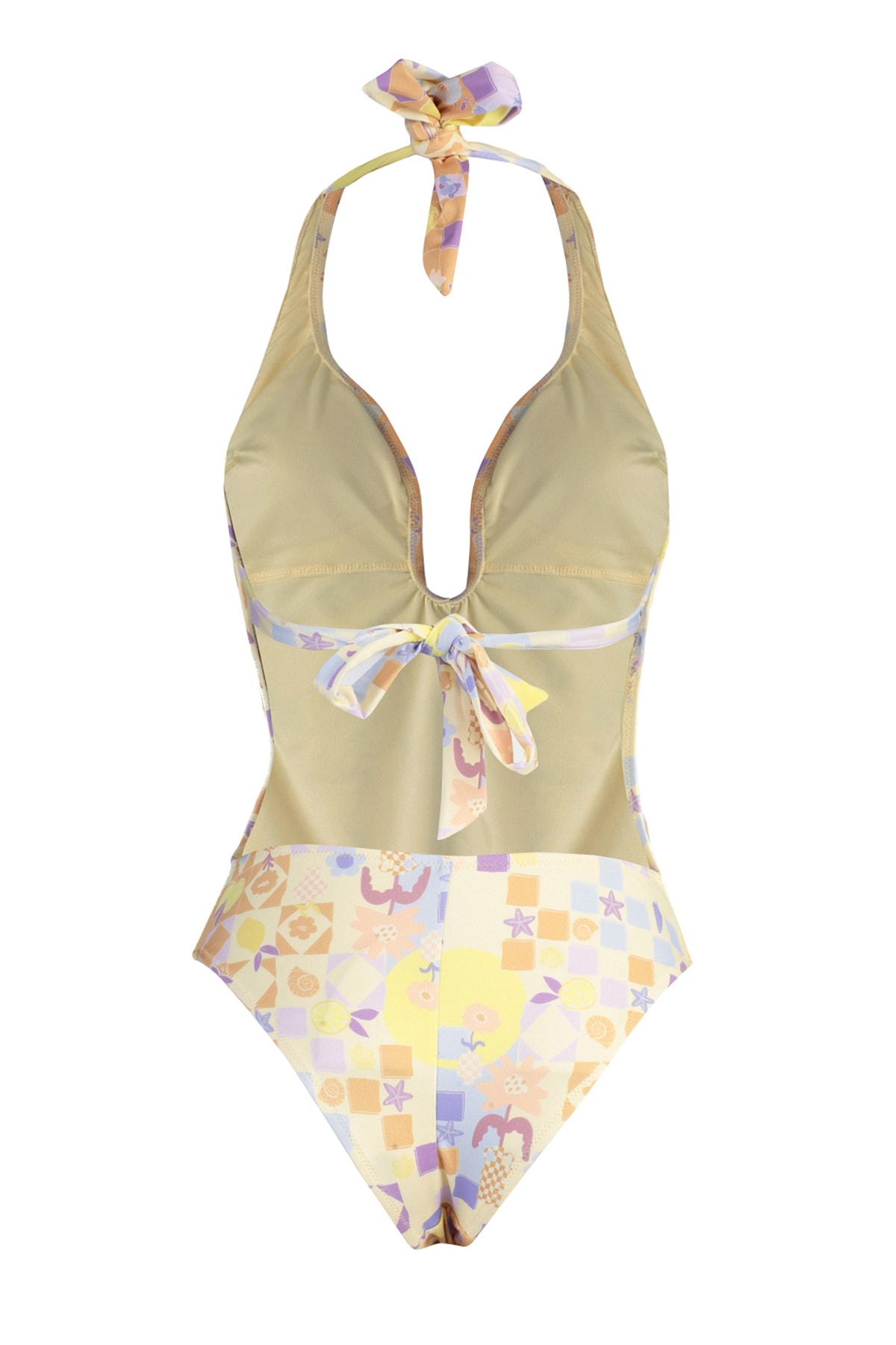 Trendyol Abstract Pattern Deep-Chocolate Low-Cut Back Regular Leg Swimsuit