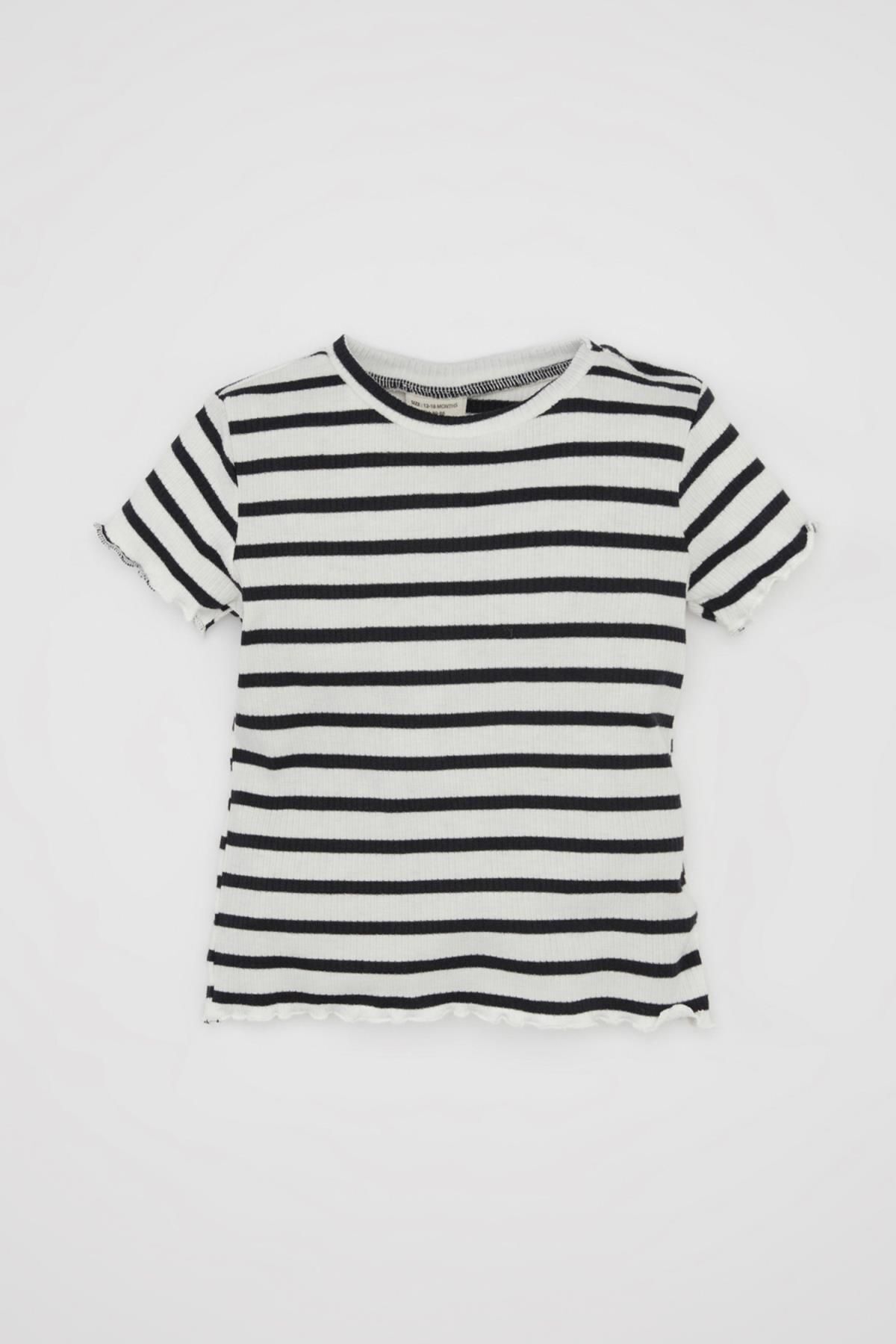 DEFACTO Baby Girl Crew Neck Striped Corduroy Short Sleeve T-Shirt