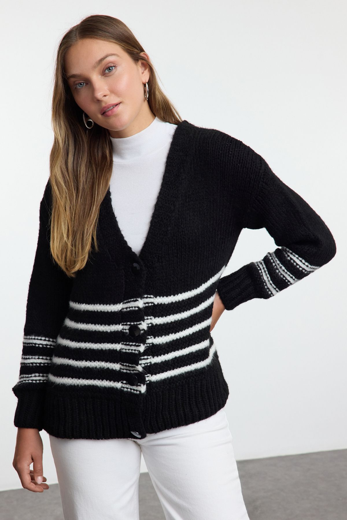 Trendyol Black Soft Texture Striped Knitwear Cardigan