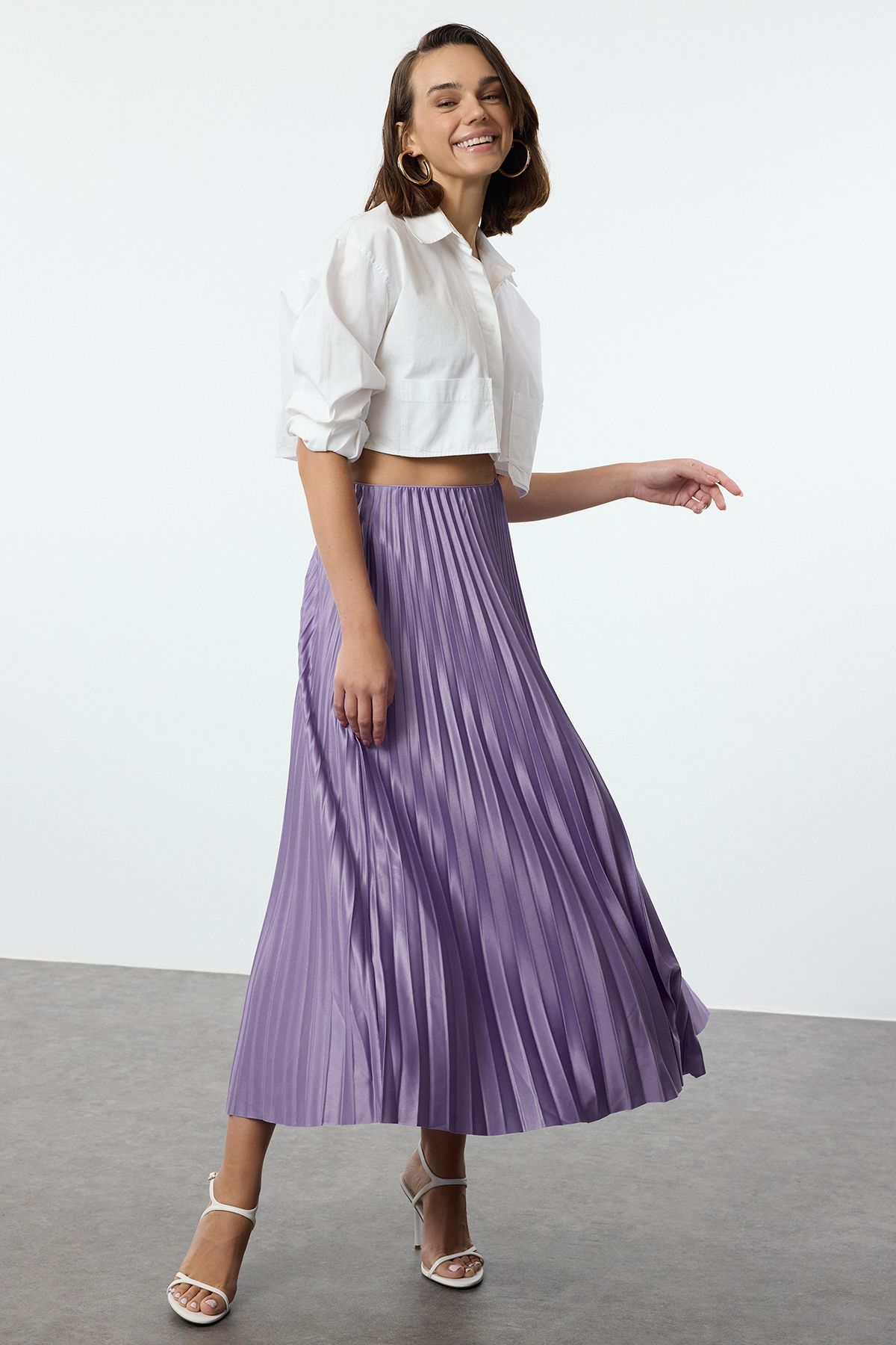 Trendyol Lilac Pleated Maxi Stretchy Knitted Skirt