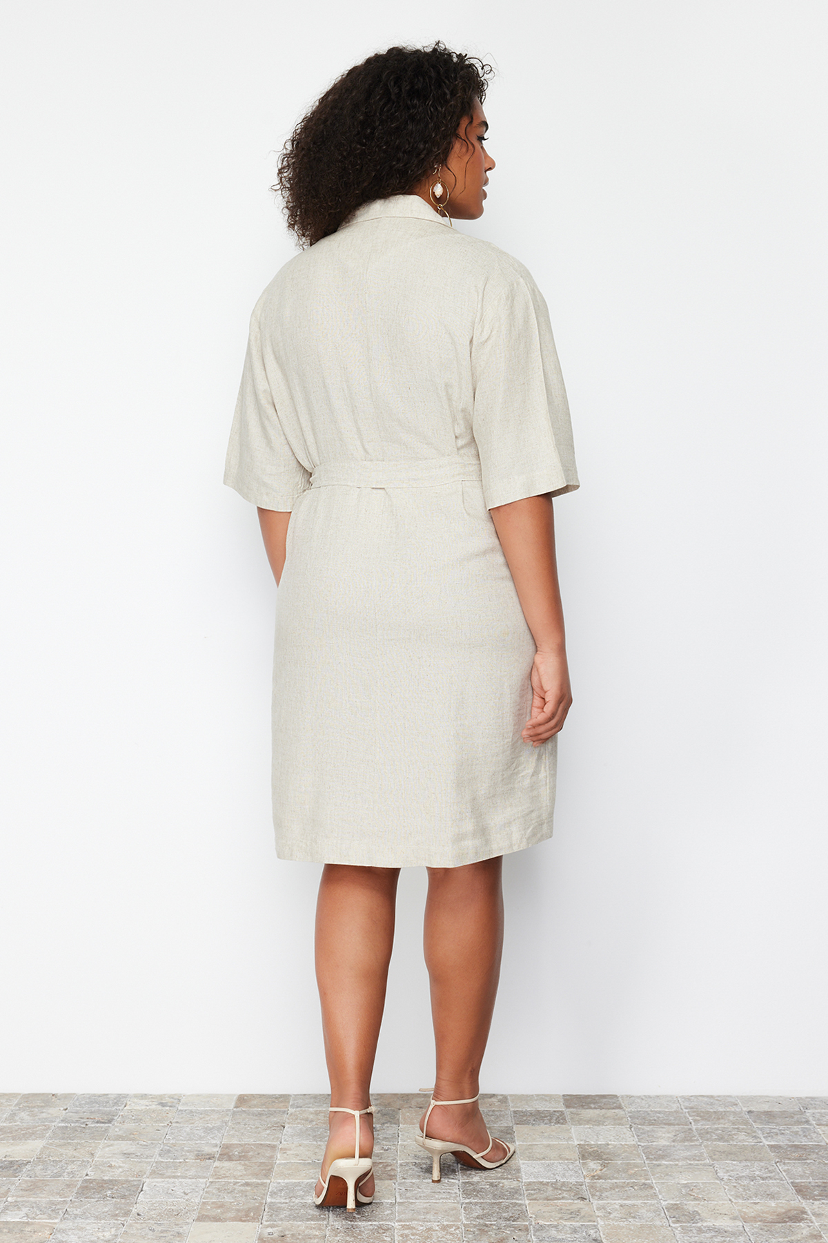 Trendyol Curve Beige Double Breasted Woven Jacket Linen Blend Dress