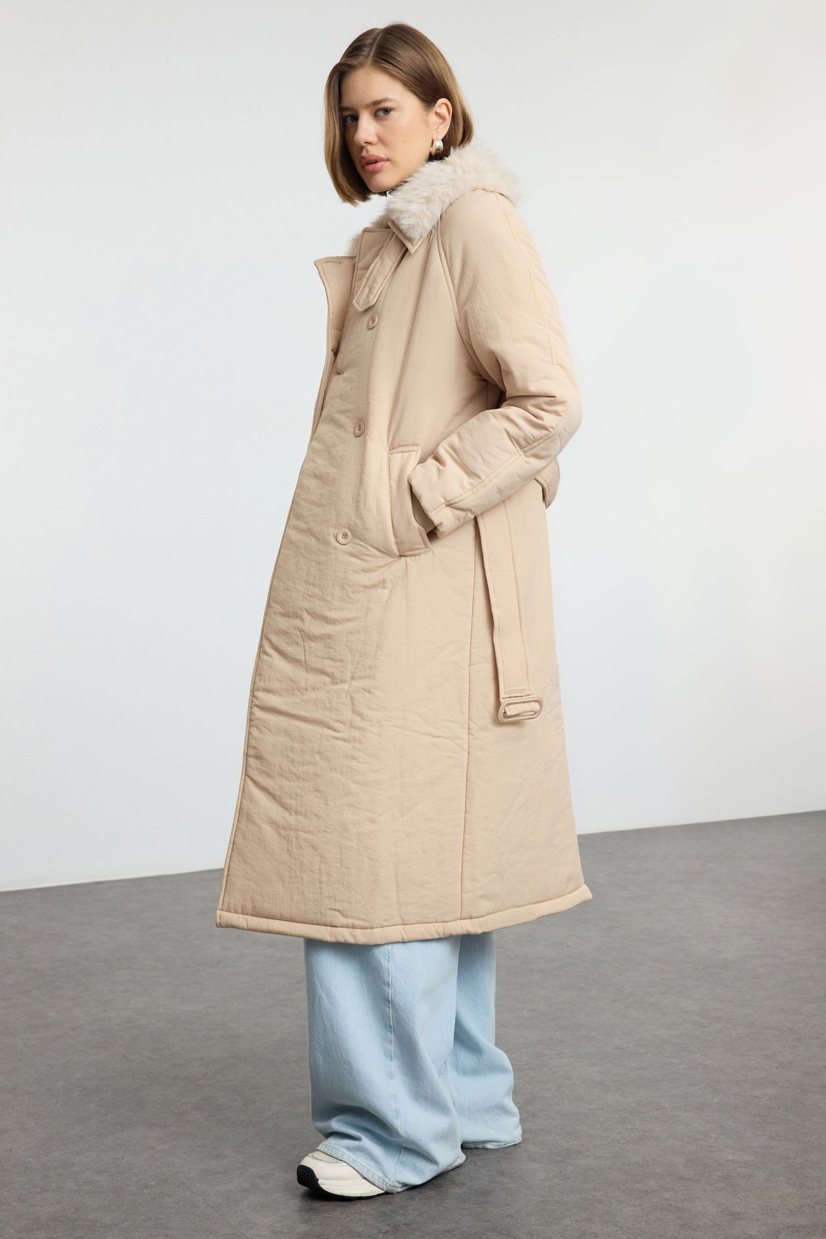 Trendyol Mink Oversize Molded Collar Plush Detail Belted Water Repellent Long Parka Puffer Coat