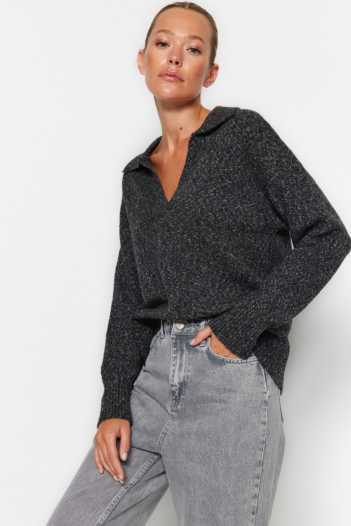 Trendyol Anthracite Cotton Polo Collar Knitwear Sweater