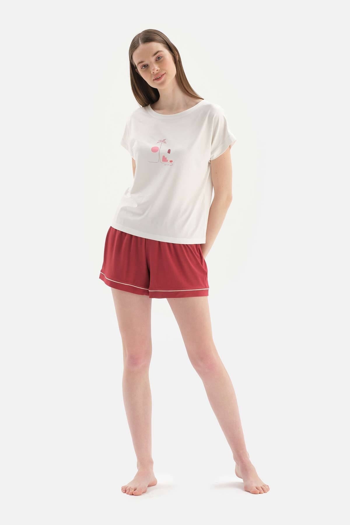 Dagi White Short Sleeve Front Printed Viscose Shorts Pajamas Set