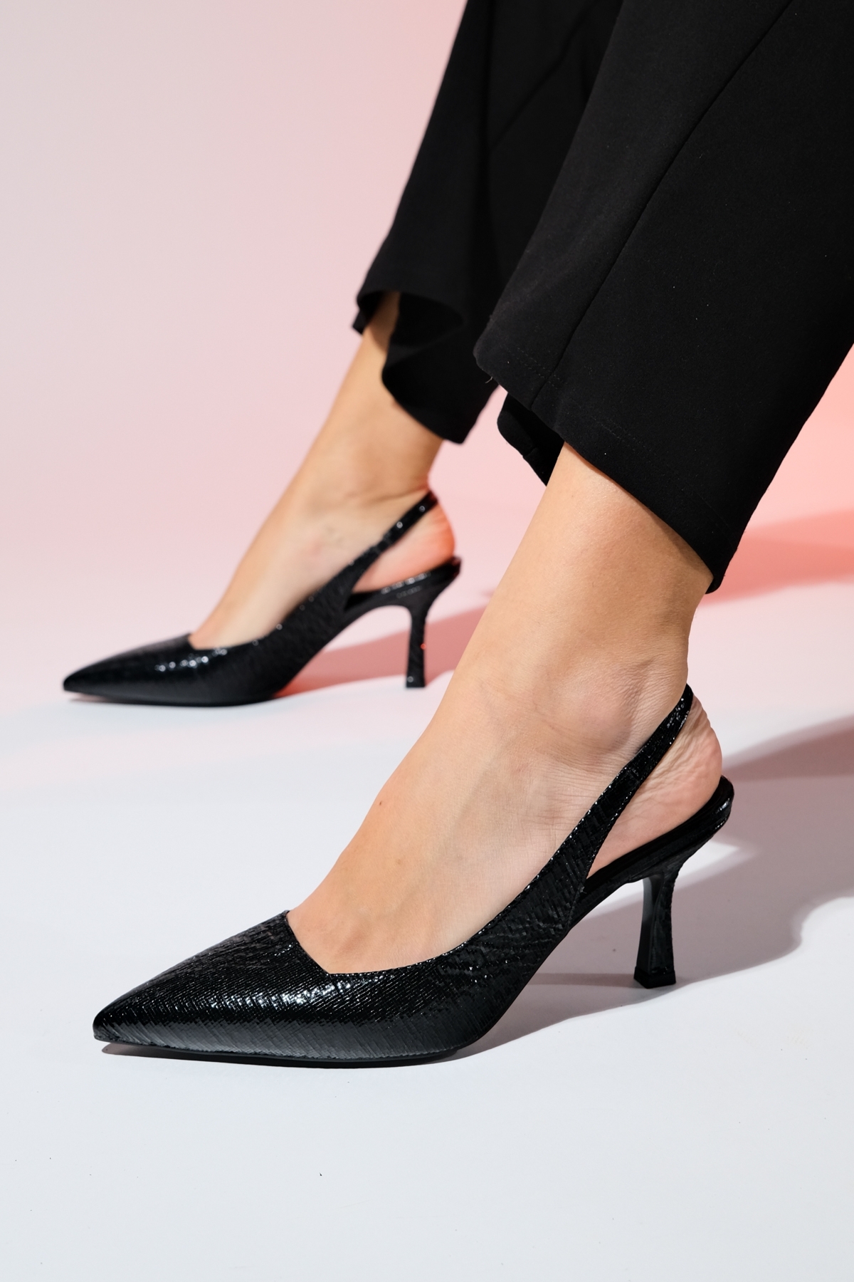 Levně LuviShoes PLOVA Black Shiny Pointed Toe Open Back Thin Heel Shoes