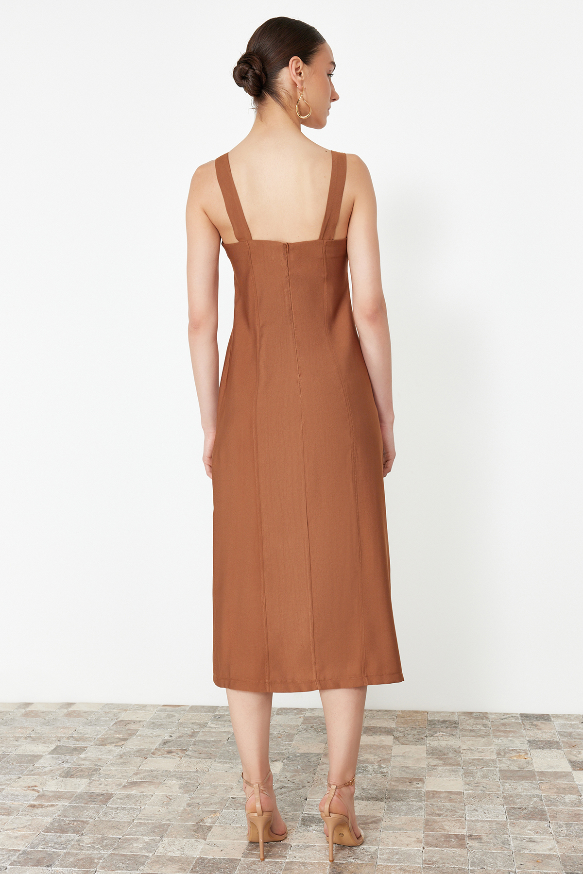 Trendyol Brown A-Line Square Neck Slit Strap Midi Woven Dress