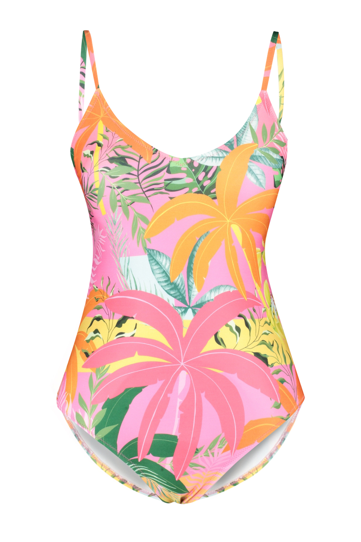 Trendyol Tropical Patterned V-Neck Decollete Backless Swimsuit