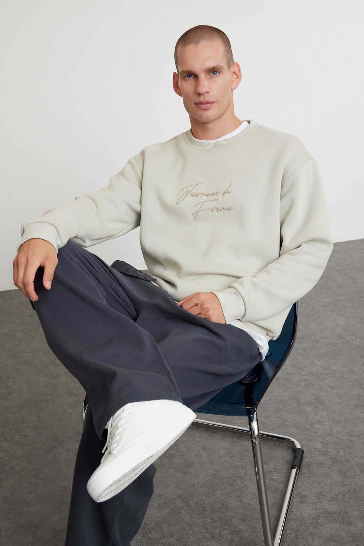 Trendyol Stone Oversize/Wide Cut Text Embroidered Crew Neck Sweatshirt