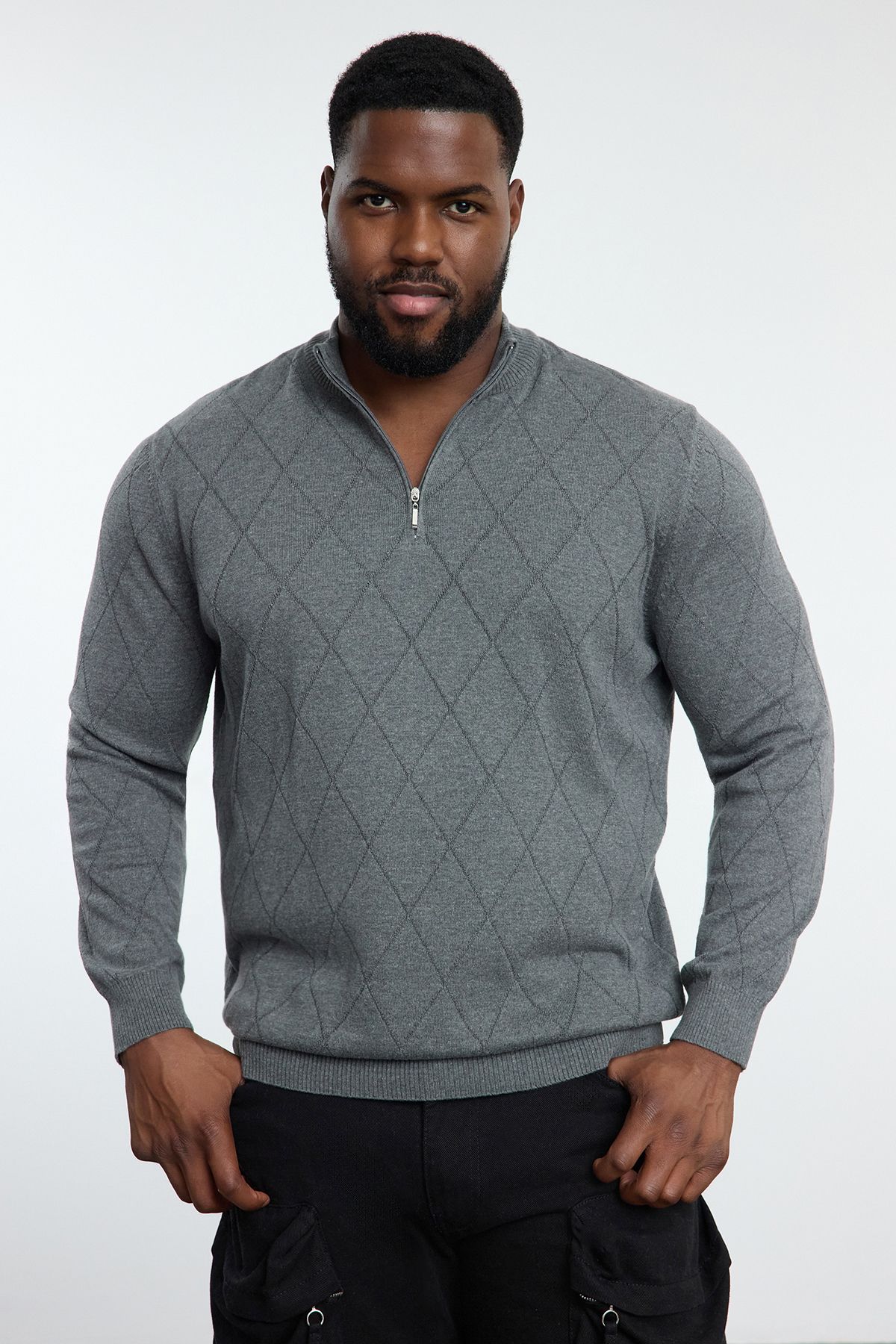 Trendyol Gray FL Men's Regular Half Turtleneck Baklava Knitwear Plus Size Sweater