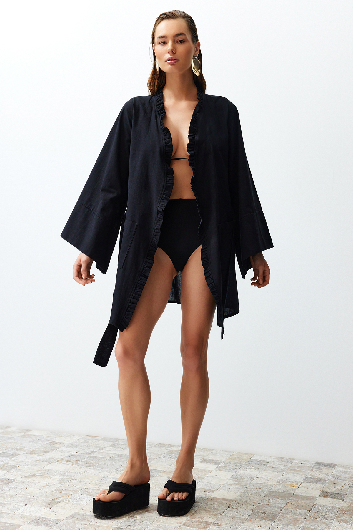Trendyol Black Belted Mini Woven Ruffled 100% Cotton Kimono & Kaftan