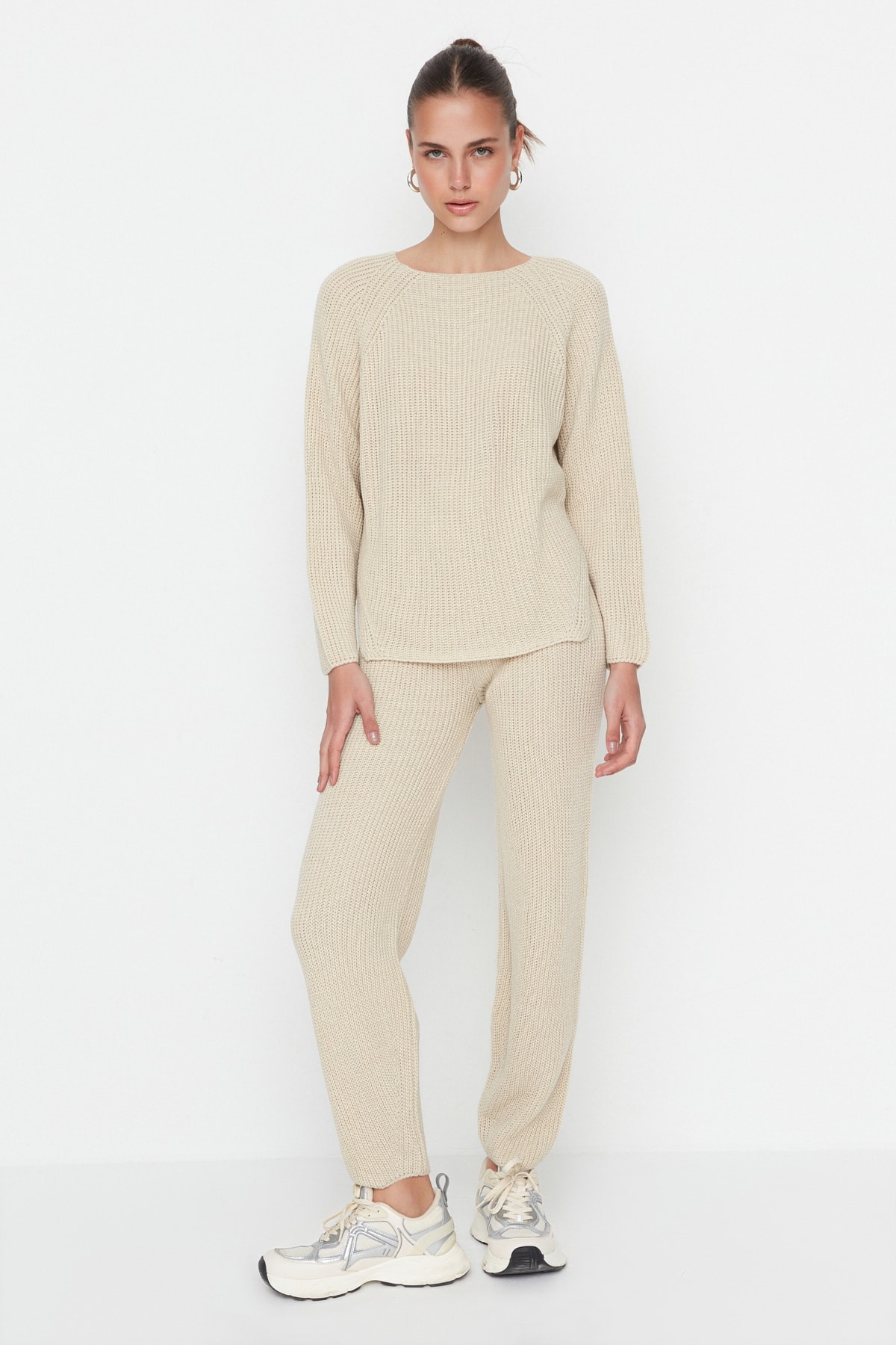 Trendyol Beige Knitted Detailed Knitwear Top and Bottom Set
