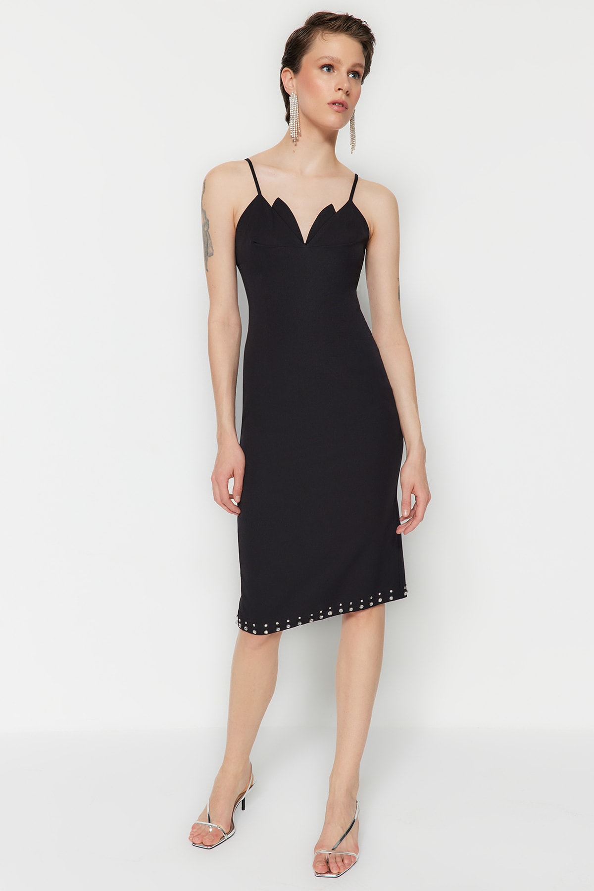 Rochie de seară elegantă Trendyol Black Fitted țesută din piatră strălucitoare