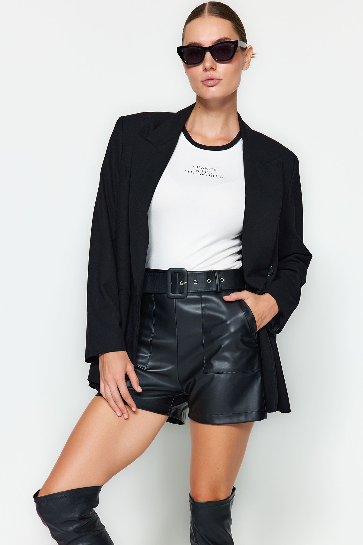 Trendyol Black Faux Leather Belted Woven Shorts