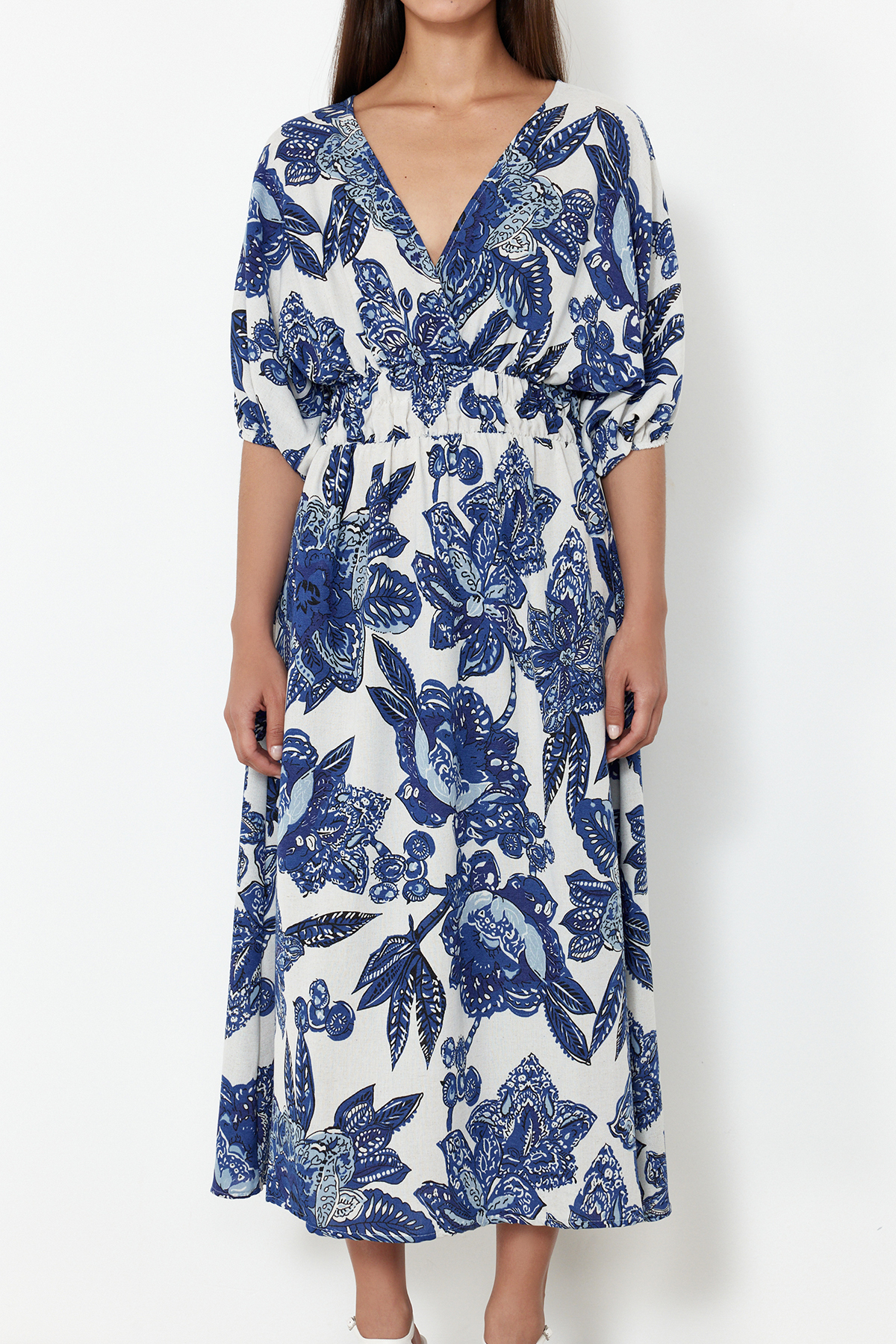 Trendyol Blue Floral A-Line Double-Breasted Midi Woven Dress