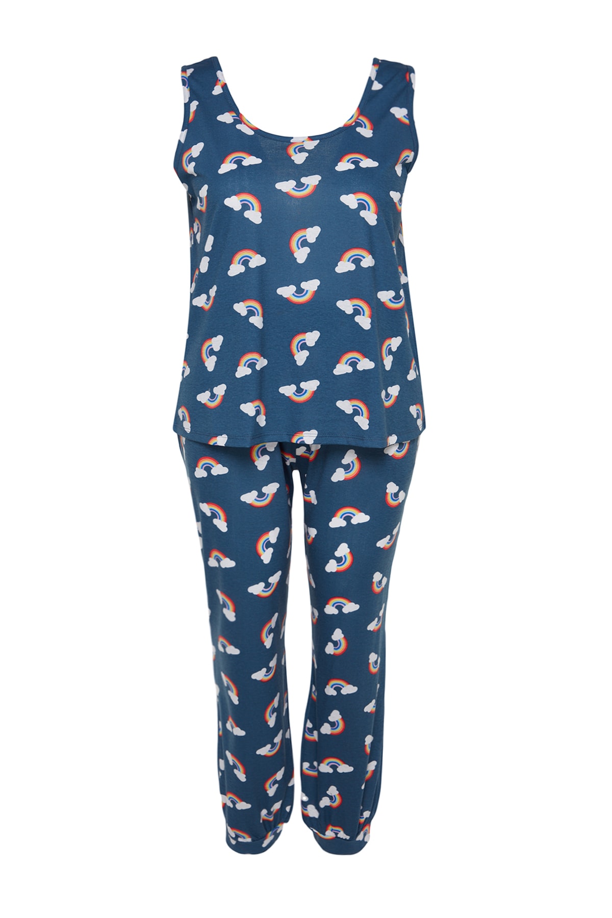 Levně Trendyol Curve Navy Blue Rainbow Patterned Knitted Pajamas Set