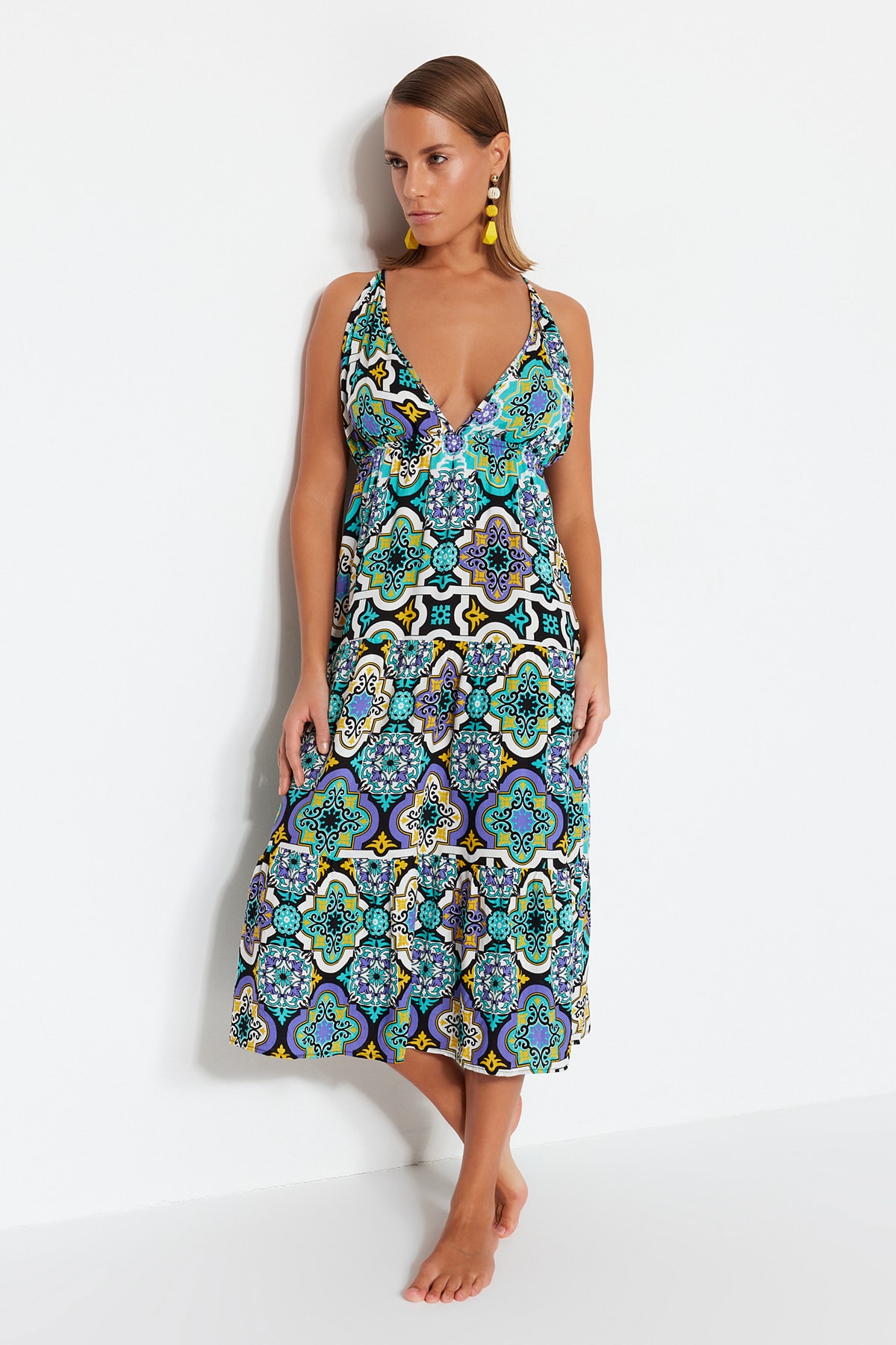 Rochie de plajă țesută midi cu model de țiglă Trendyol