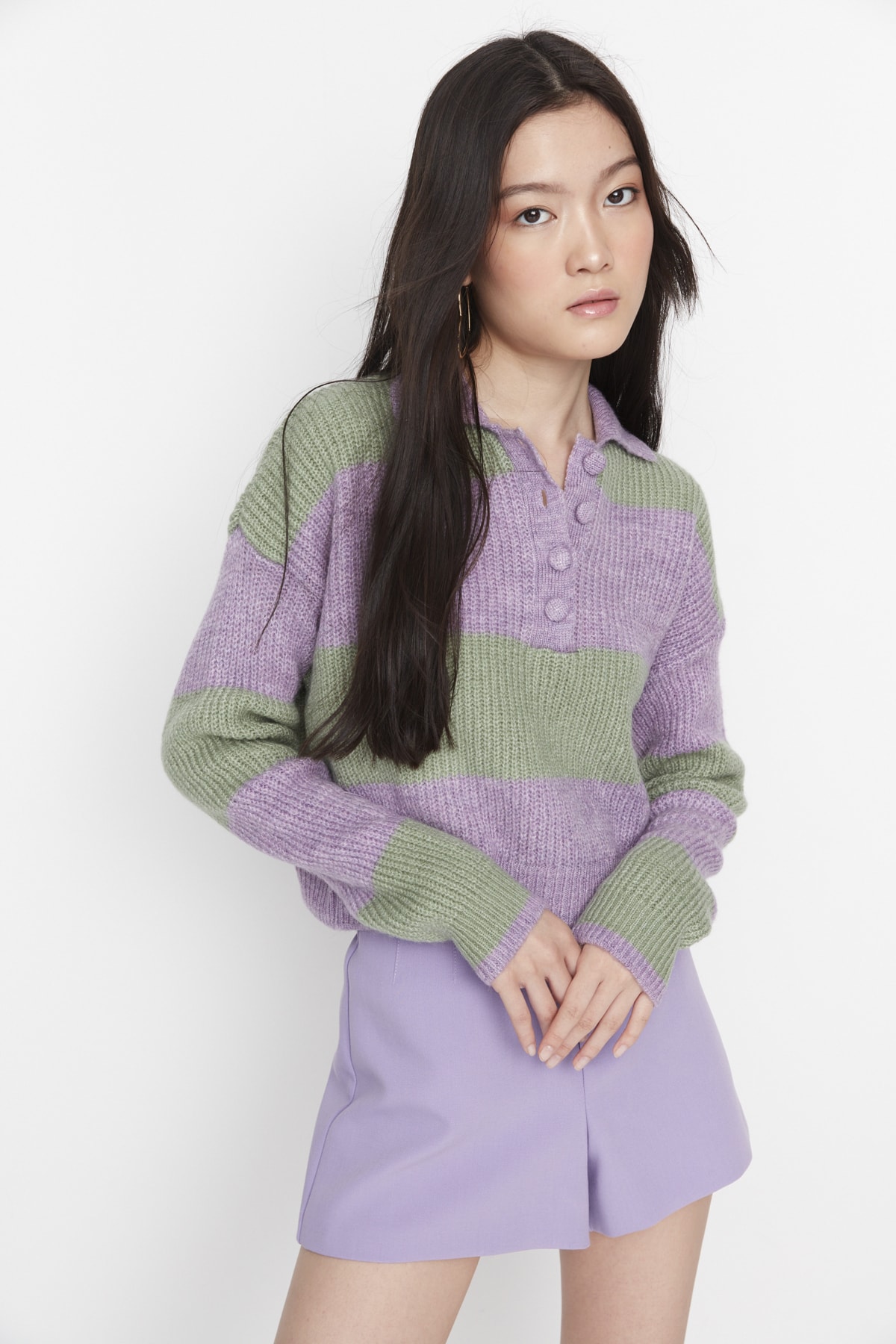Trendyol Lilac Crop Soft Textured Color Block Knitwear Sweater