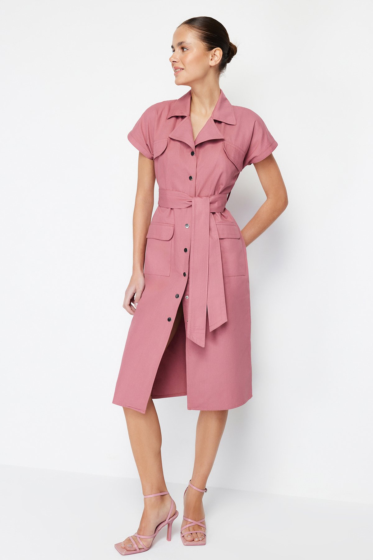 Trendyol Pale Pink Belted Pocket Gabardine Shirt Midi Woven Dress